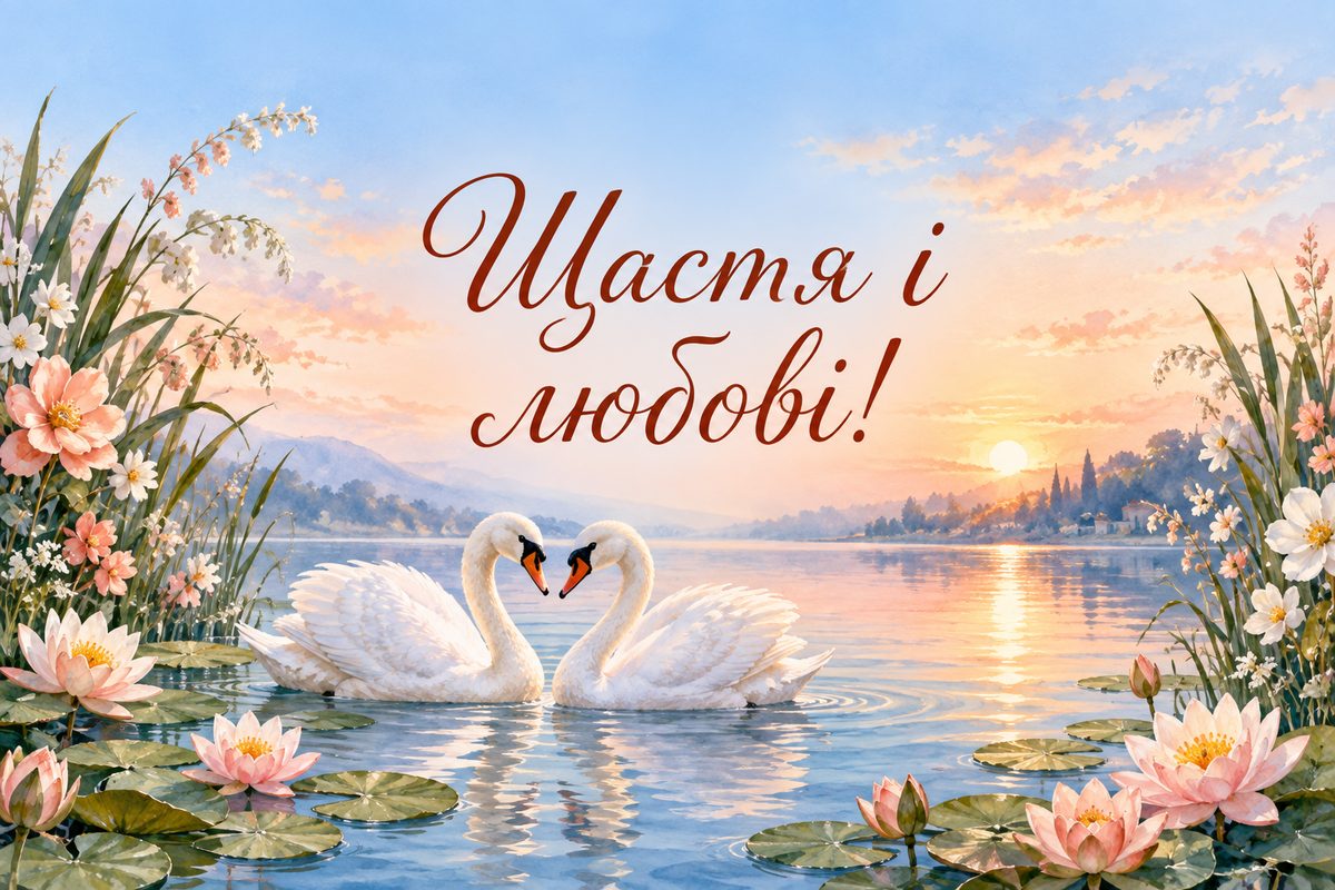 Листівка з днем народження дівчині: двоє лебедів на світанку, напис «Щастя і любові!»