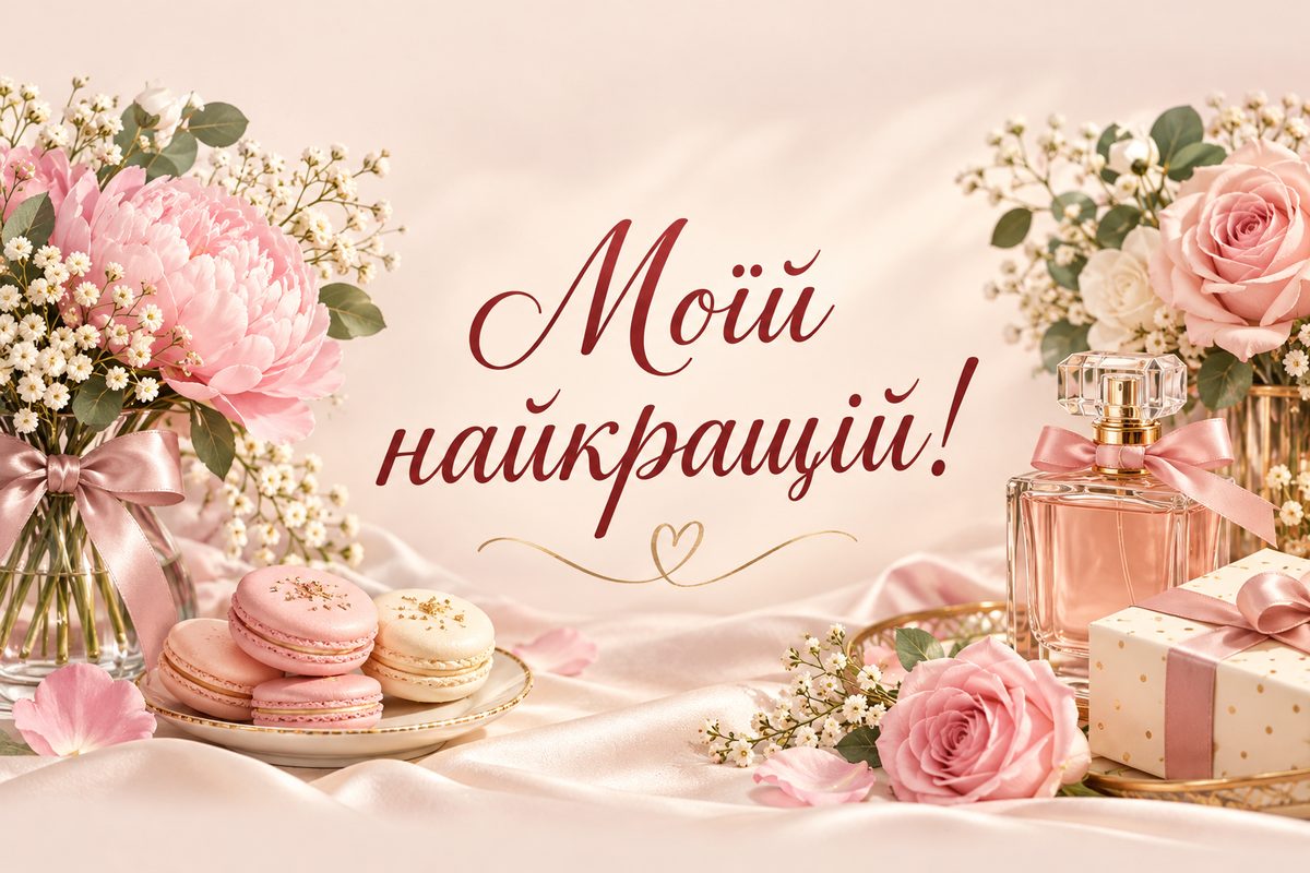 Листівка з днем народження дівчині: макаруни, парфуми й квіти на шовку, напис «Моїй найкращій!»