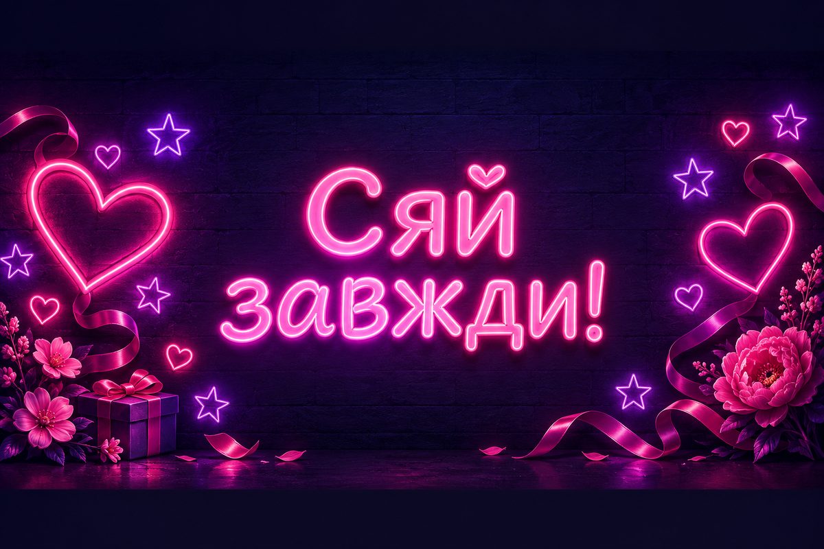 Листівка з днем народження дівчині: неонове серце й зірки, напис «Сяй завжди!»