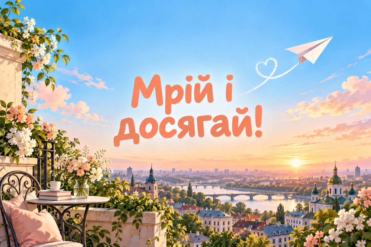 Листівка з днем народження дівчині: паперовий літачок над містом, напис «Мрій і досягай!»