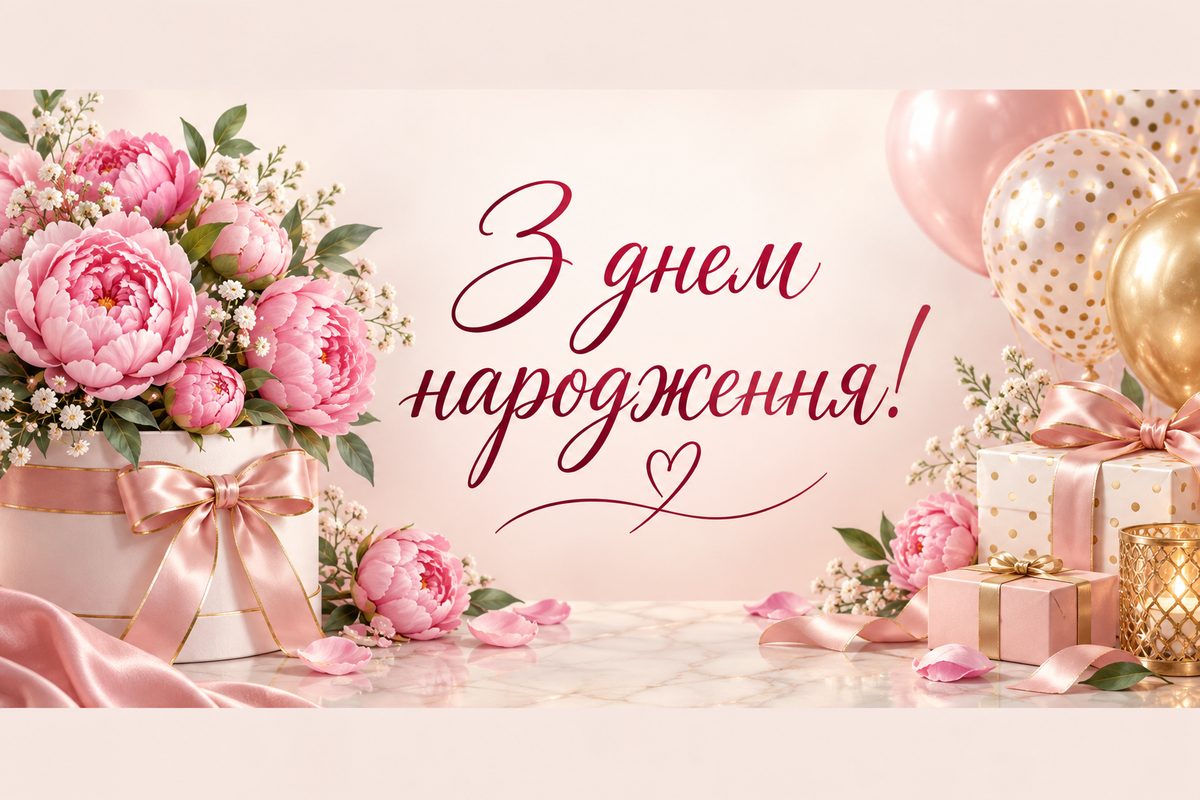 Листівка з днем народження дівчині: півонії в круглій коробці, напис «З днем народження!»