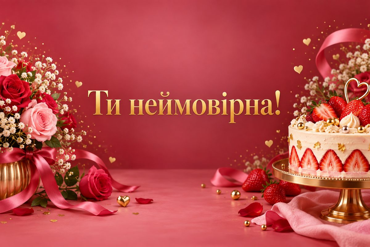 Листівка з днем народження дівчині: полуничний торт із золотом, напис «Ти неймовірна!»