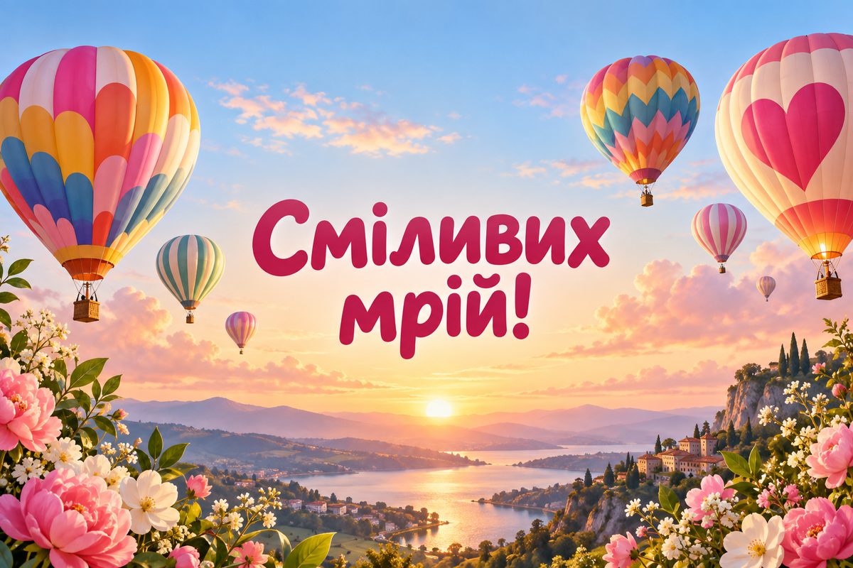 Листівка з днем народження дівчині: повітряні кулі на світанку, напис «Сміливих мрій!»