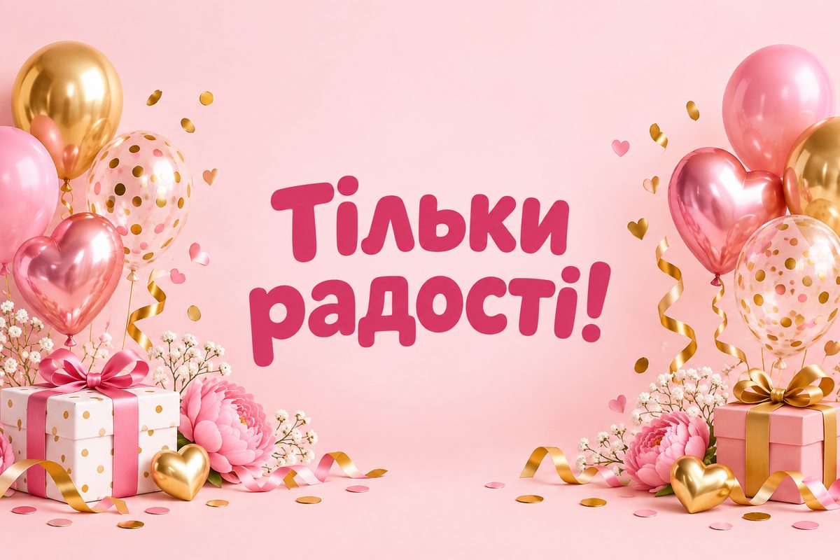 Листівка з днем народження дівчині: рожеві кульки й конфеті, напис «Тільки радості!»
