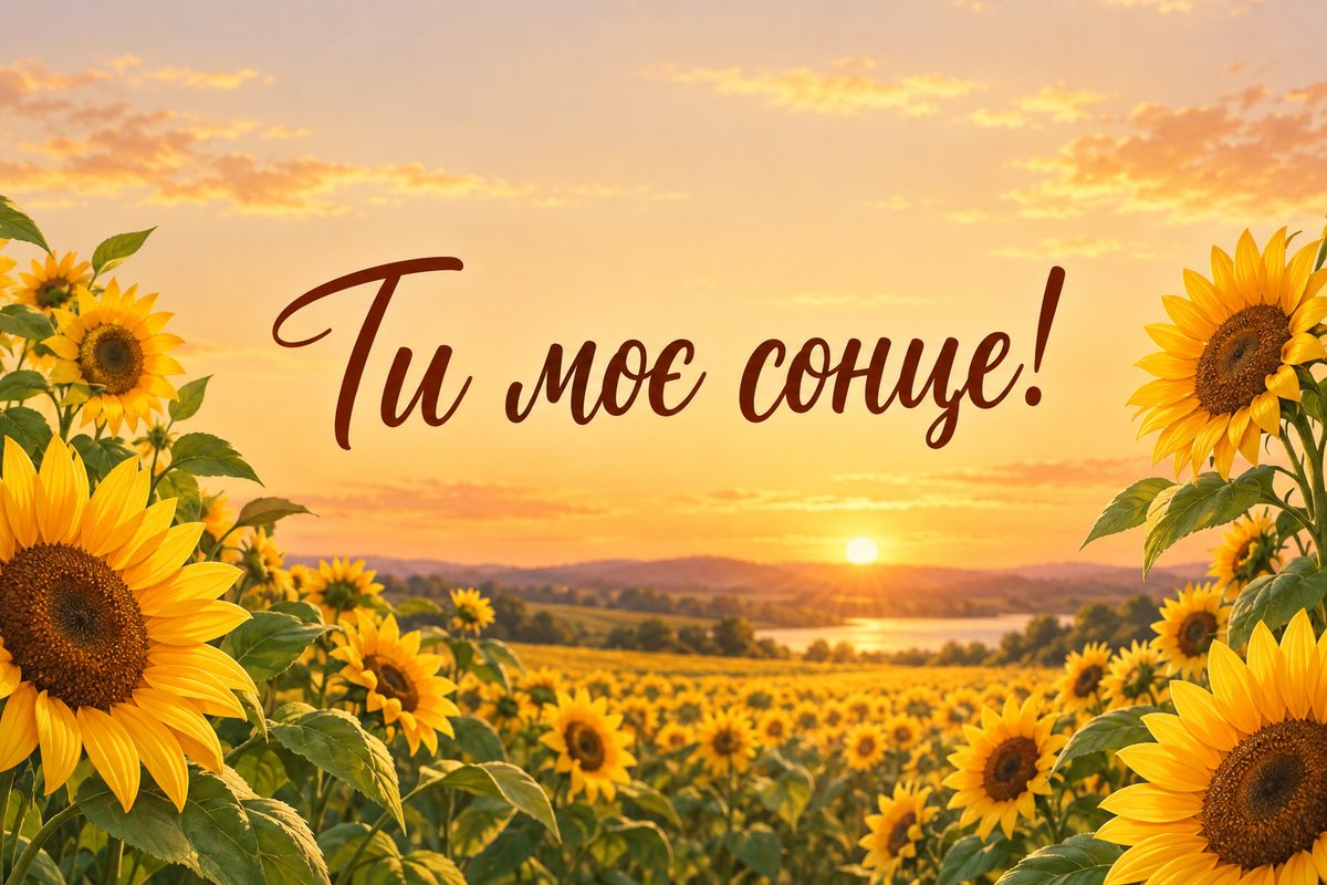 Листівка з днем народження дівчині: соняшникове поле на заході сонця, напис «Ти моє сонце!»