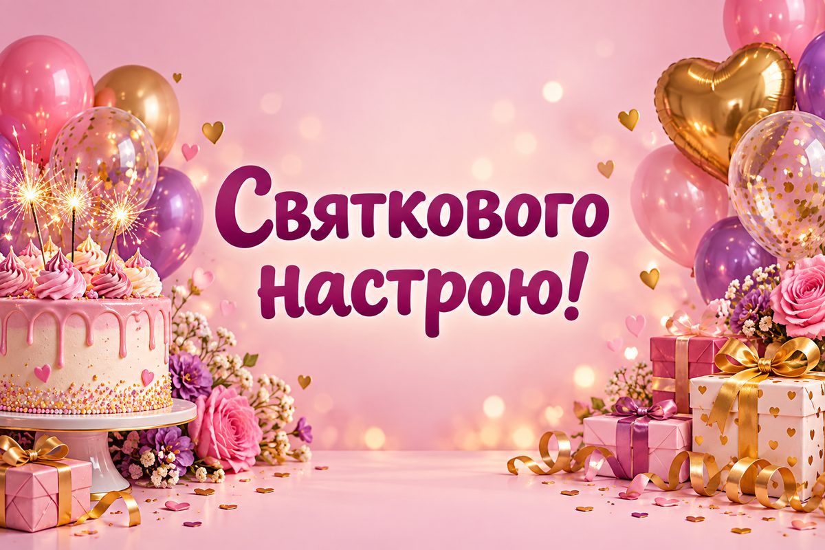Листівка з днем народження дівчині: торт із бенгальськими вогнями й кульки, напис «Святкового настрою!»