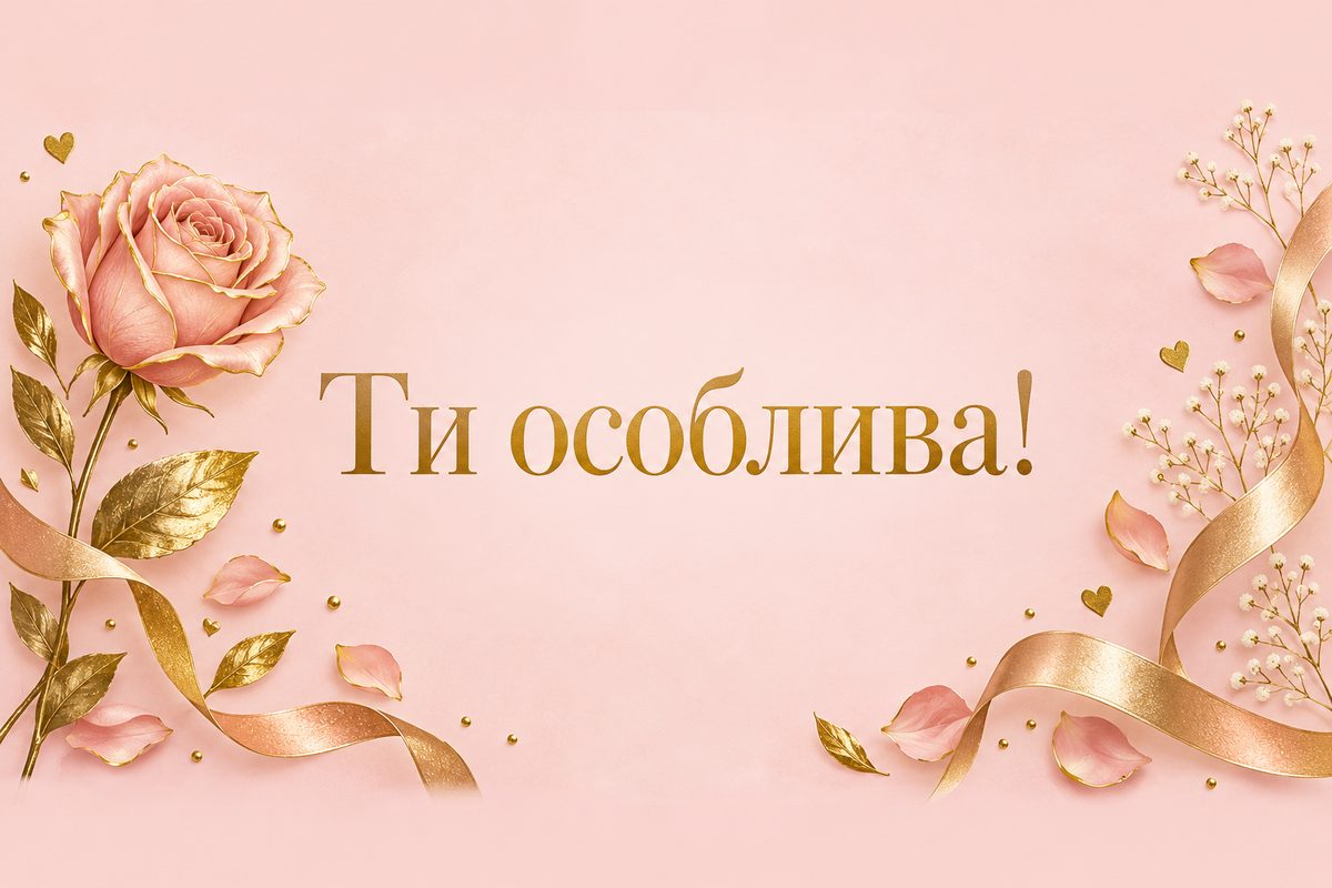 Листівка з днем народження дівчині: троянда із золотими стрічками, напис «Ти особлива!»