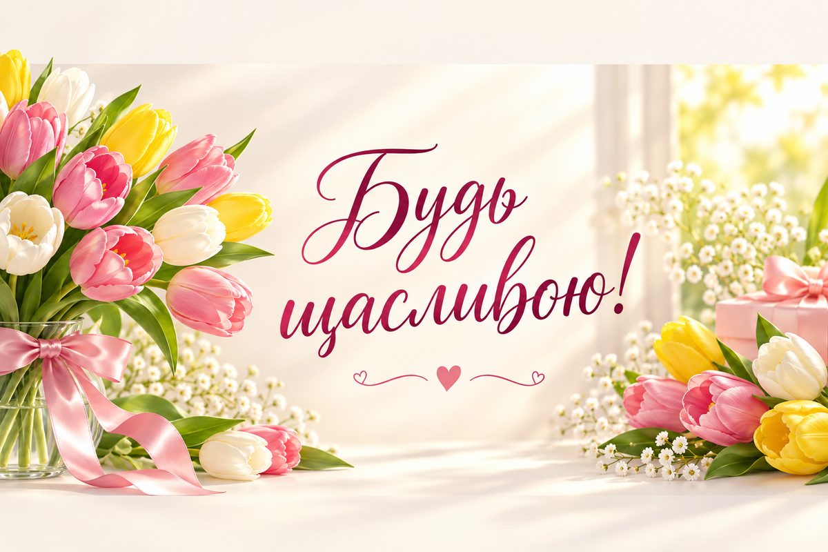 Листівка з днем народження дівчині: тюльпани на сонці, напис «Будь щасливою!»