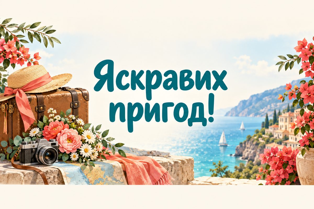 Листівка з днем народження дівчині: вінтажна валіза з квітами й фотоапаратом, напис «Яскравих пригод!»