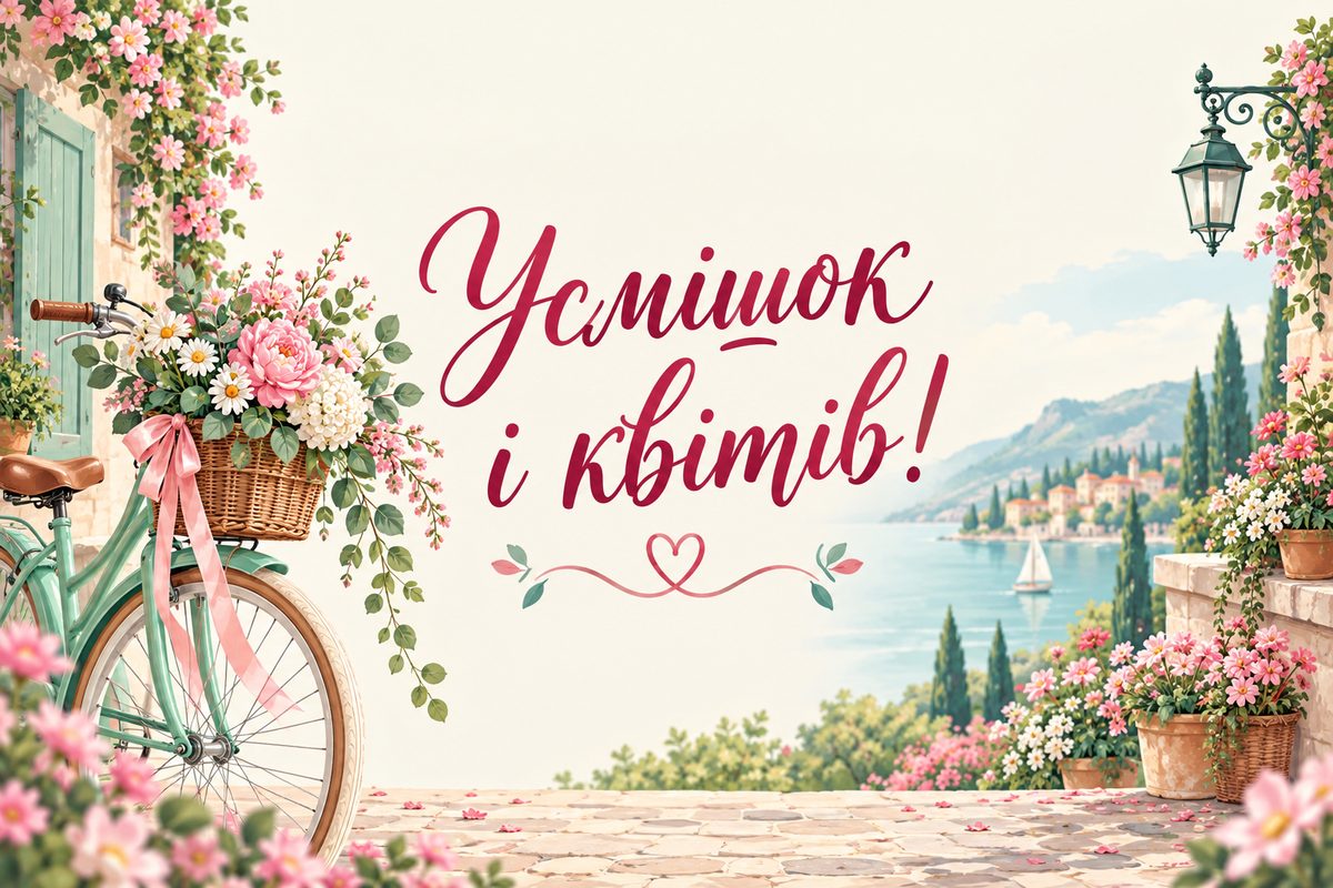 Листівка з днем народження дівчині: велосипед із кошиком квітів, напис «Усмішок і квітів!»