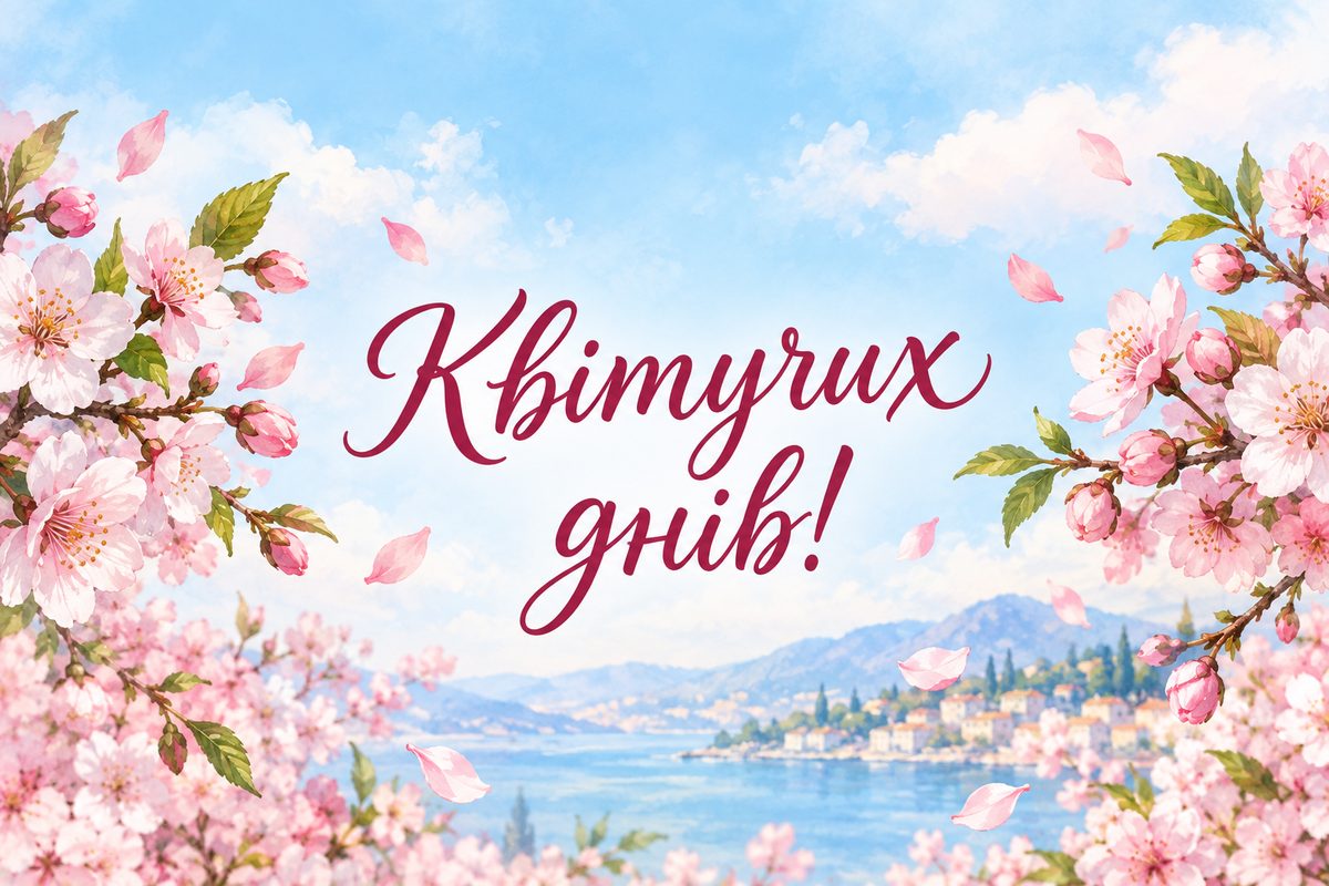 Листівка з днем народження дівчині: квітуча вишнева гілка, напис «Квітучих днів!»