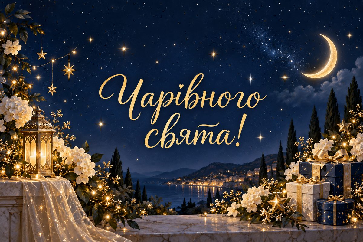Листівка з днем народження дівчині: зоряне небо й місяць, напис «Чарівного свята!»