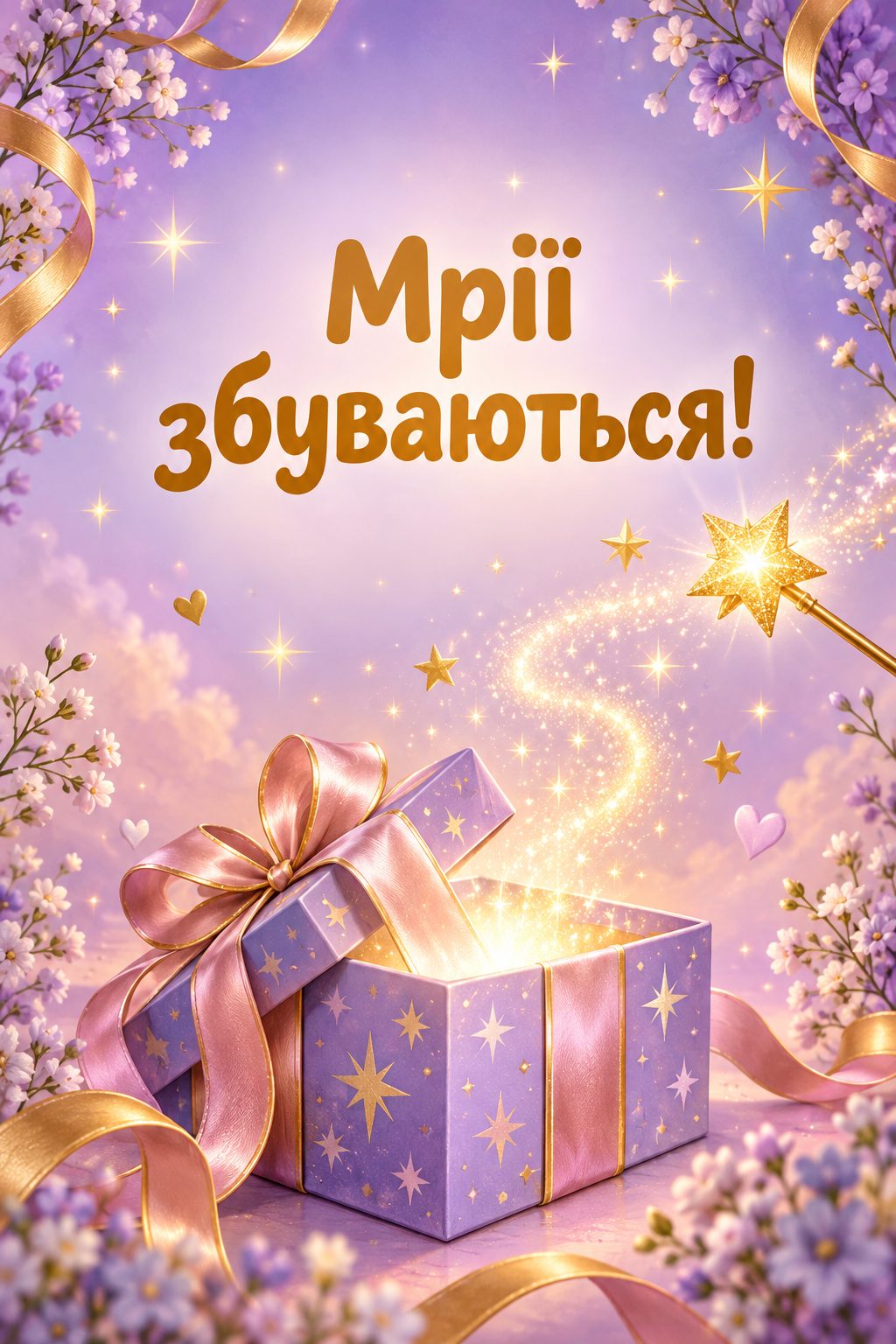 Листівка з днем народження дівчинці: чарівна паличка із зіркою над подарунком, напис «Мрії збуваються!»