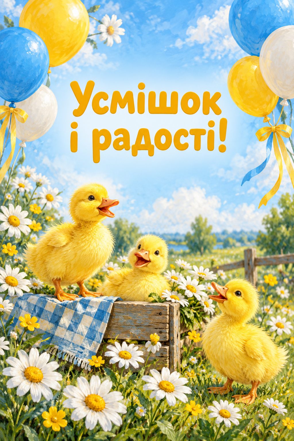 Листівка з днем народження дівчинці: жовті каченята серед ромашок і кульки, напис «Усмішок і радості!»