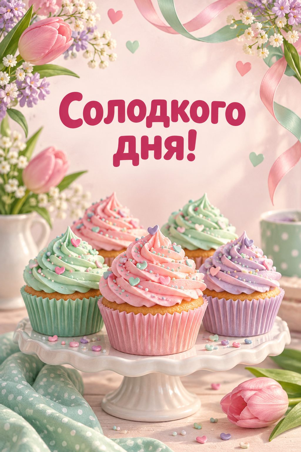 Листівка з днем народження дівчинці: капкейки на підставці, напис «Солодкого дня!»