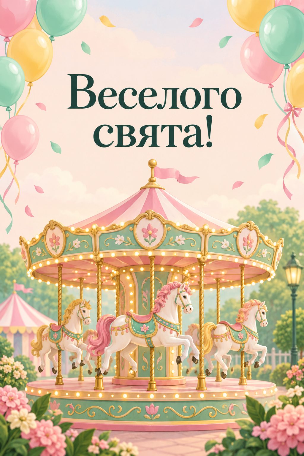 Листівка з днем народження дівчинці: іграшкова карусель із кониками й кульки, напис «Веселого свята!»