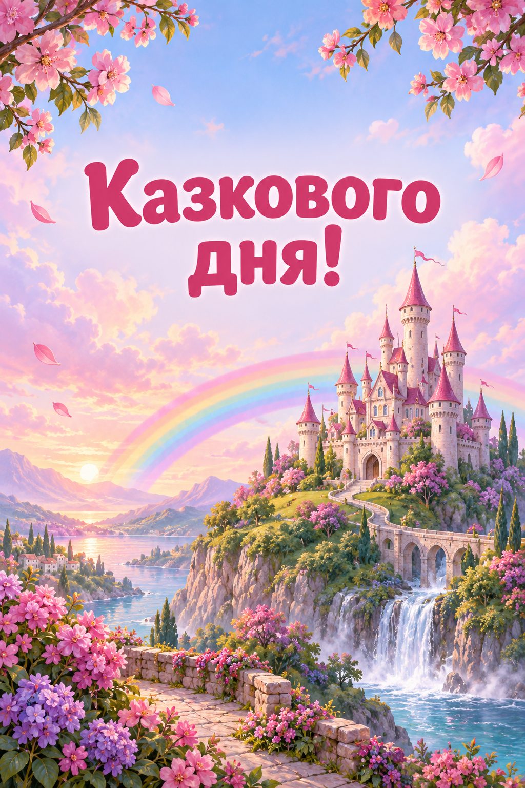 Листівка з днем народження дівчинці: казковий замок із рожевими вежами й веселка, напис «Казкового дня!»