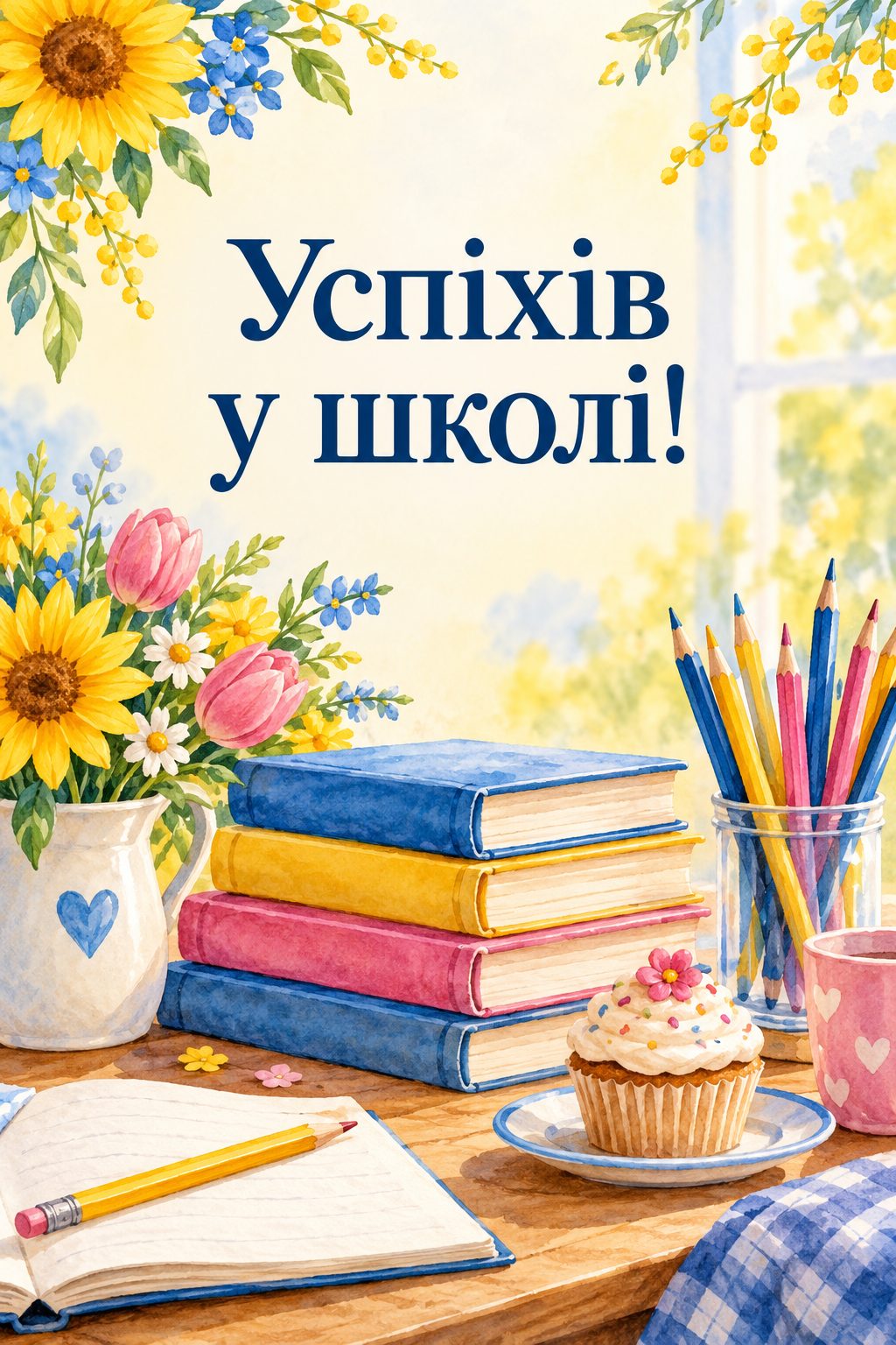 Листівка з днем народження дівчинці: книжки, кольорові олівці й тортик на столі, напис «Успіхів у школі!»