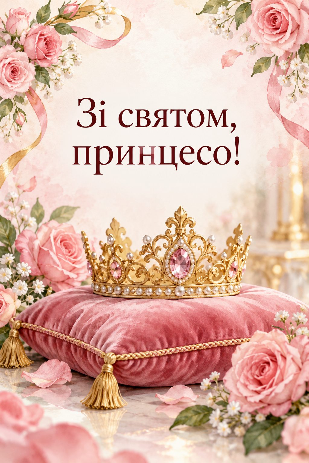 Листівка з днем народження дівчинці: золота корона на рожевій подушечці й троянди, напис «Зі святом, принцесо!»