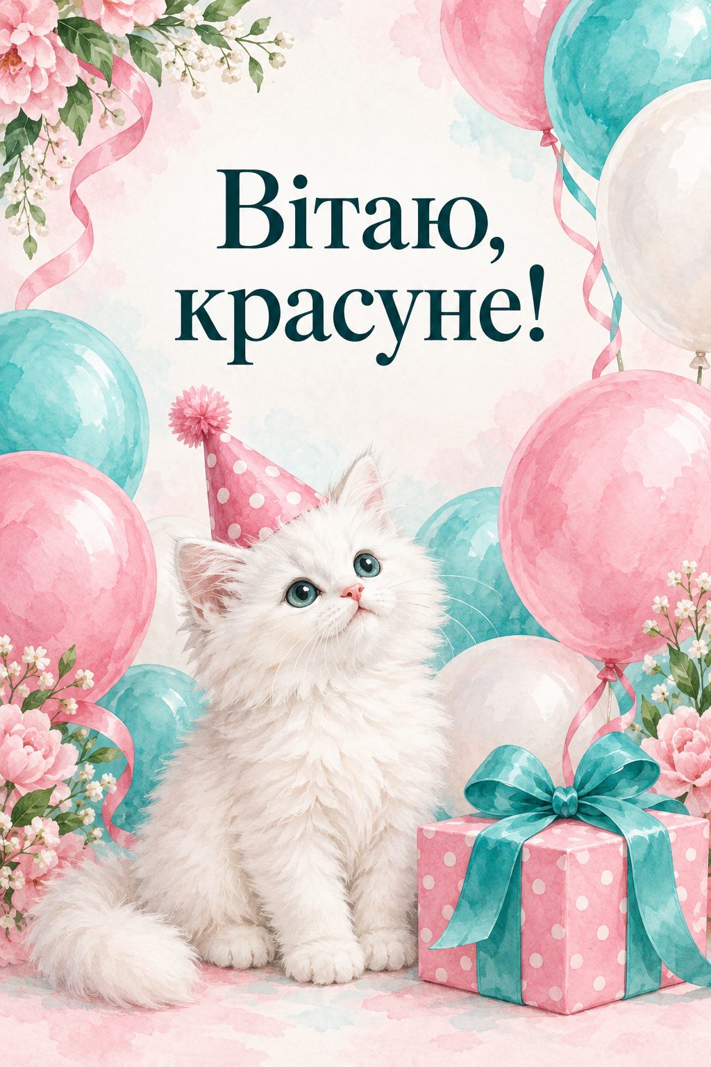 Листівка з днем народження дівчинці: біле кошеня у святковому ковпачку, напис «Вітаю, красуне!»