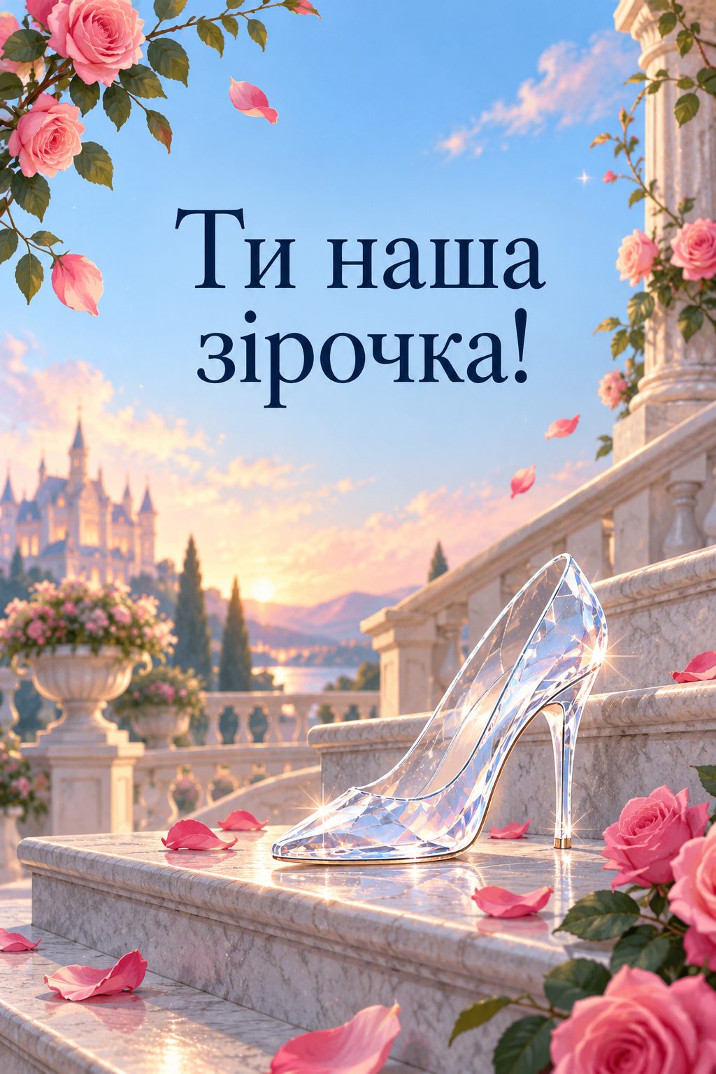 Листівка з днем народження дівчинці: кришталева туфелька на сходах і пелюстки троянд, напис «Ти наша зірочка!»