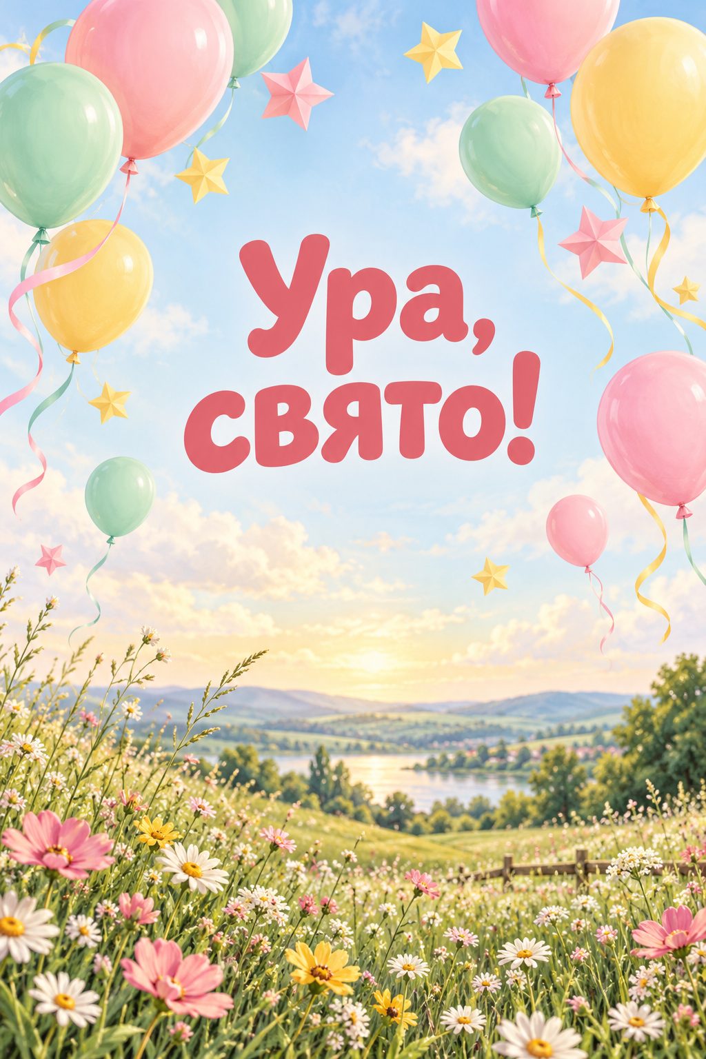 Листівка з днем народження дівчинці: пастельні кульки й паперові зірки над лугом, напис «Ура, свято!»