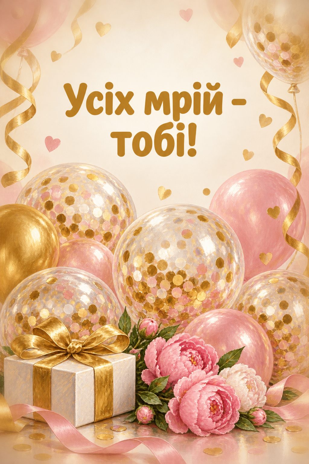 Листівка з днем народження дівчинці: прозорі кульки з конфеті, напис «Усіх мрій - тобі!»