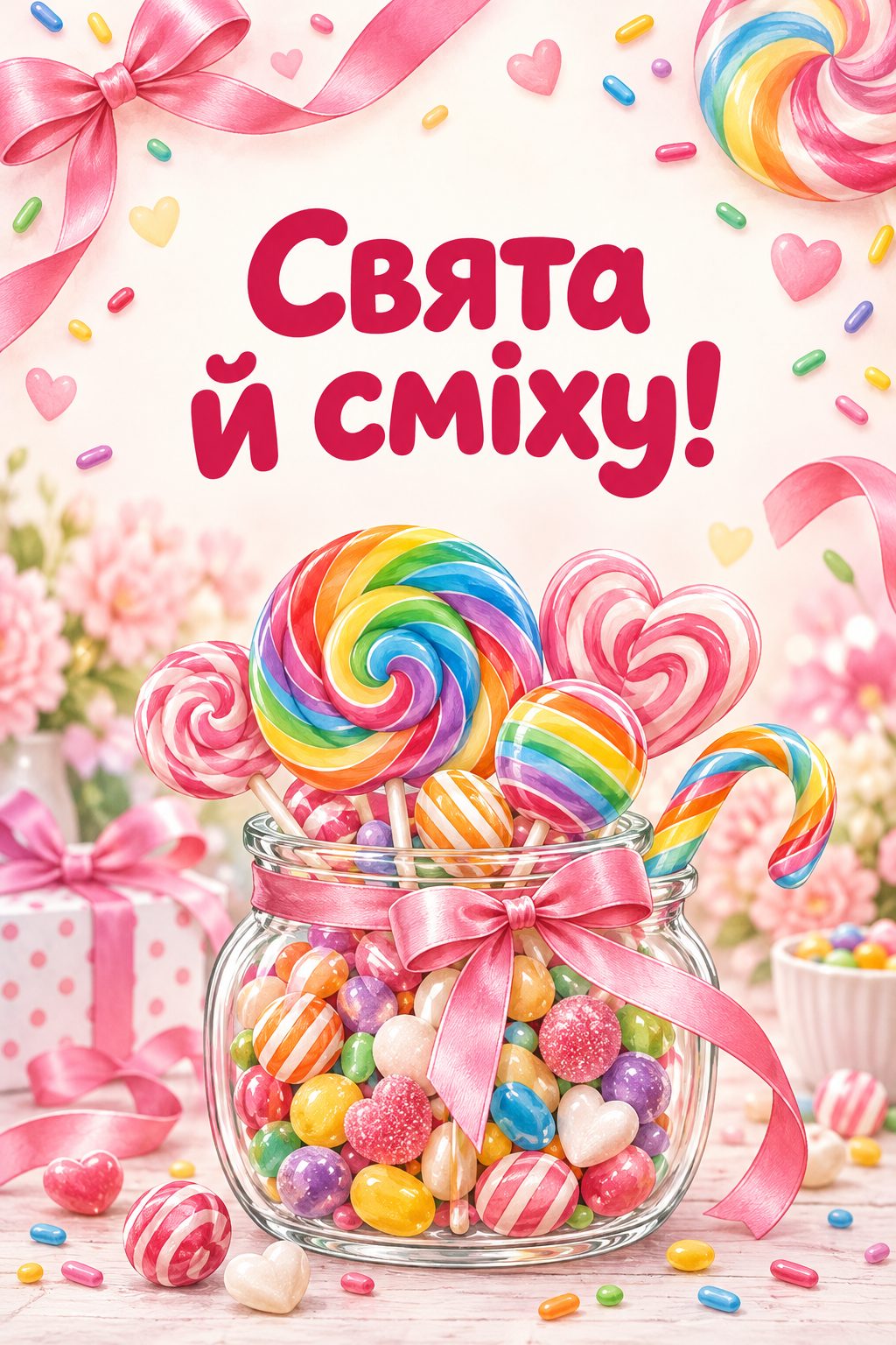 Листівка з днем народження дівчинці: льодяники й цукерки у скляній банці, напис «Свята й сміху!»