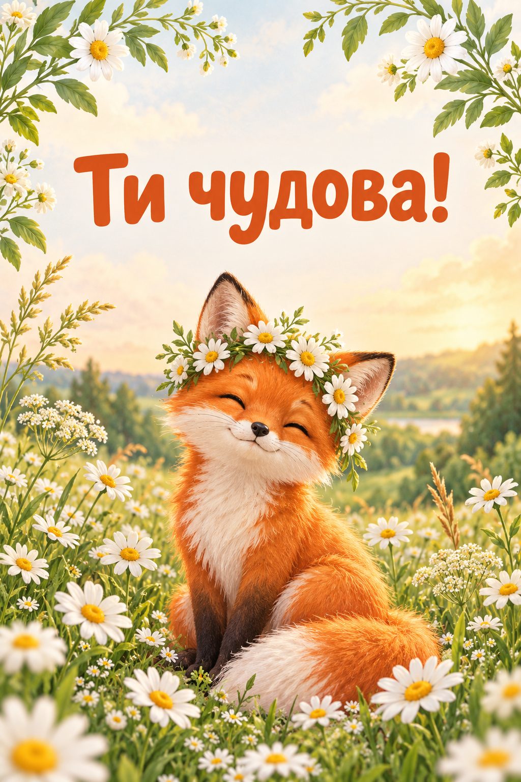 Листівка з днем народження дівчинці: лисеня у віночку з ромашок, напис «Ти чудова!»