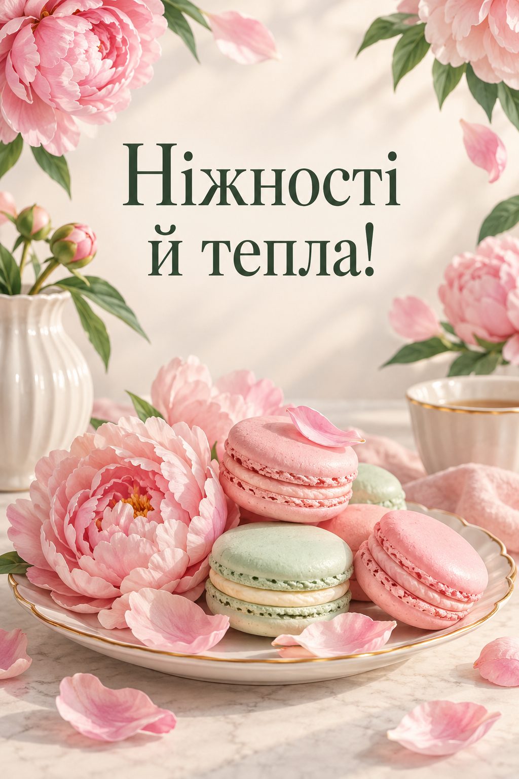 Листівка з днем народження дівчинці: макаруни й пелюстки півоній, напис «Ніжності й тепла!»
