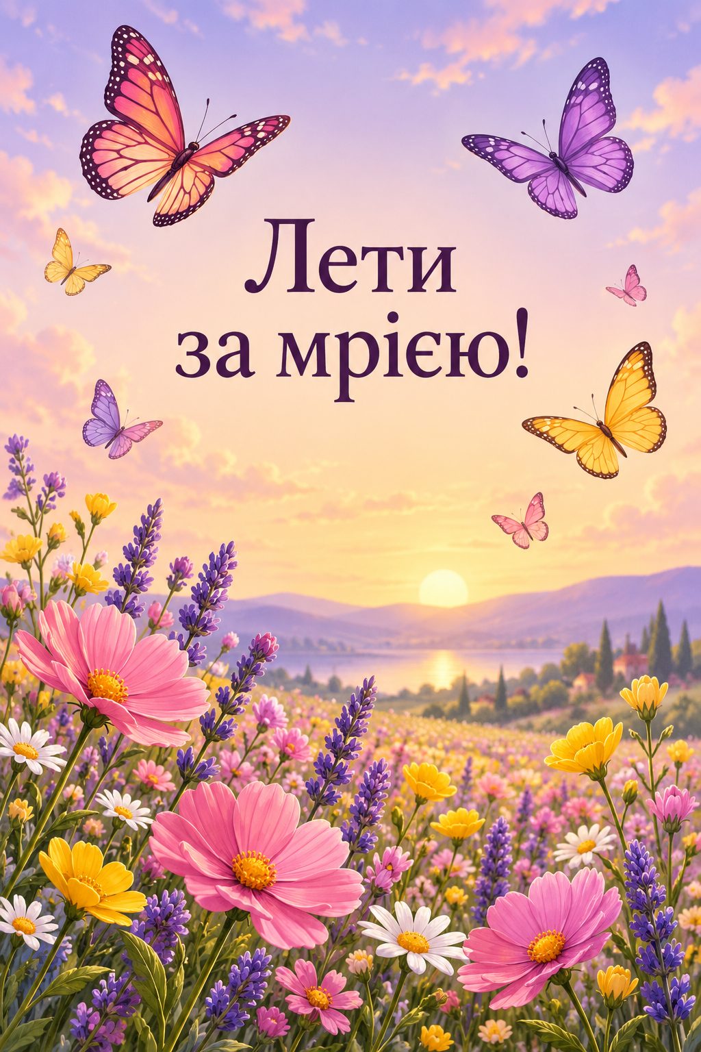 Листівка з днем народження дівчинці: барвисті метелики над квітами, напис «Лети за мрією!»