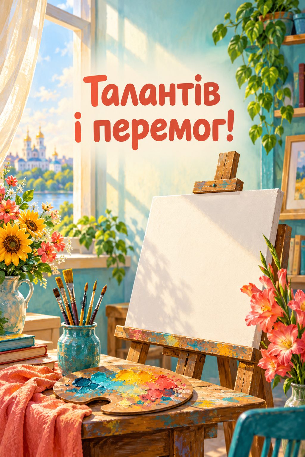 Листівка з днем народження дівчинці: мольберт, палітра й пензлі, напис «Талантів і перемог!»
