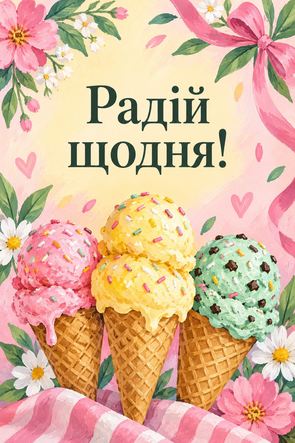 Листівка з днем народження дівчинці: три ріжки морозива, напис «Радій щодня!»