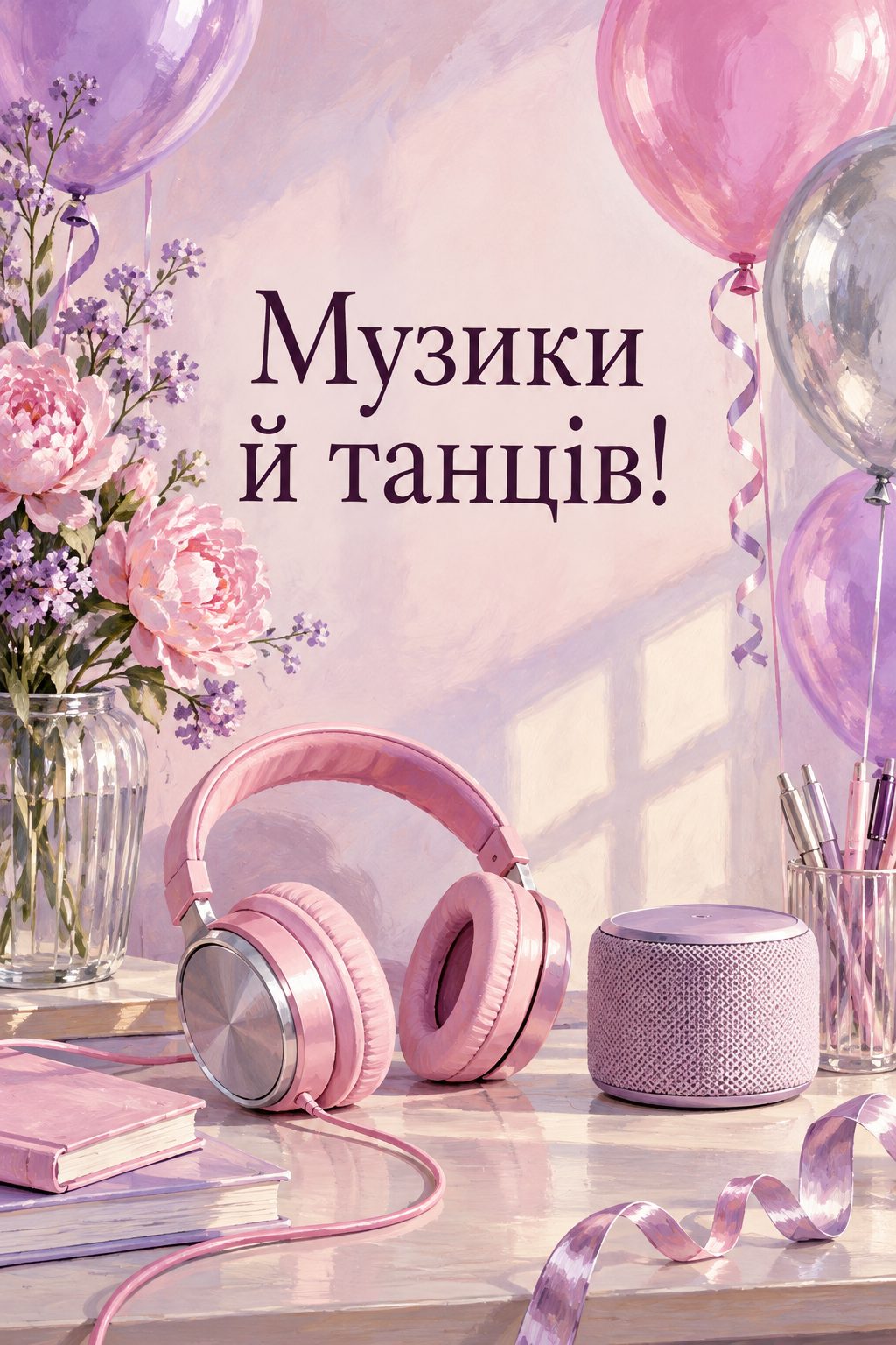 Листівка з днем народження дівчинці: рожеві навушники й кульки, напис «Музики й танців!»