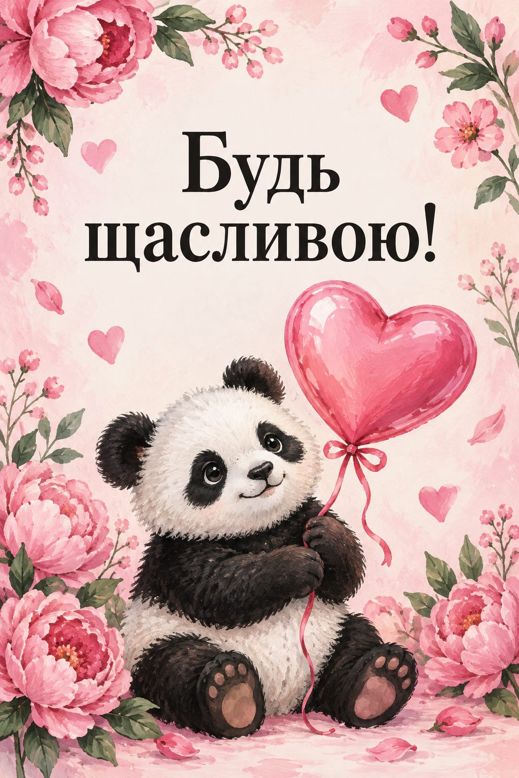 Листівка з днем народження дівчинці: панда з кулькою-серцем, напис «Будь щасливою!»