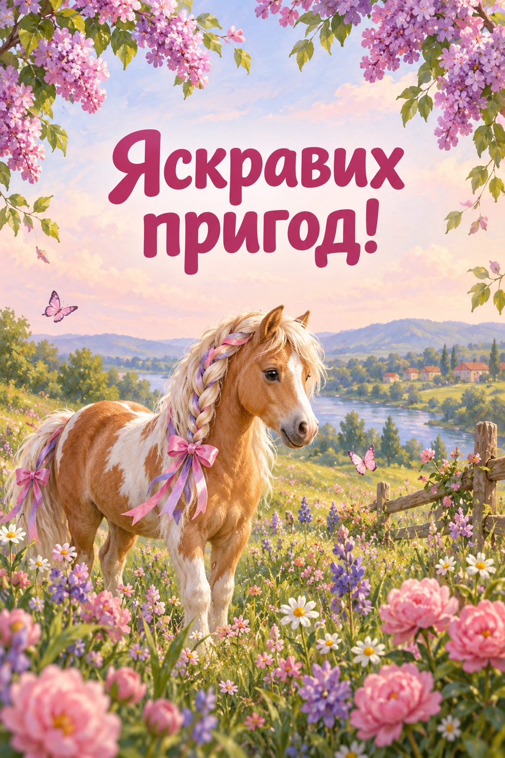 Листівка з днем народження дівчинці: поні із заплетеною гривою і стрічками, напис «Яскравих пригод!»