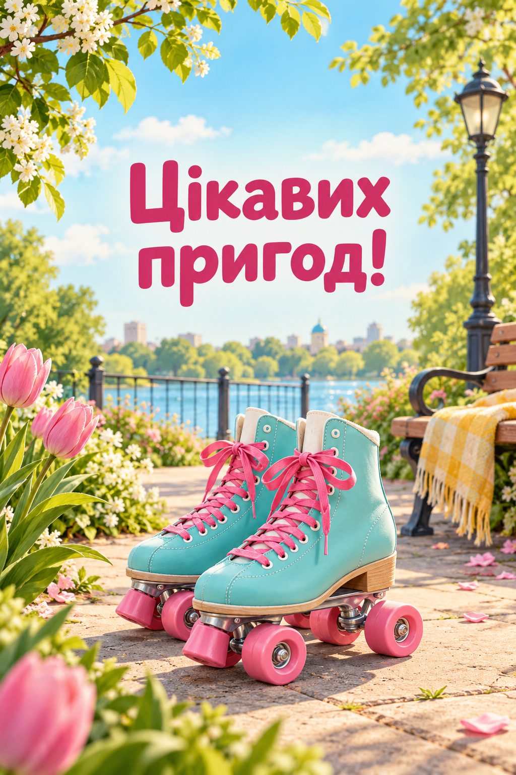Листівка з днем народження дівчинці: ролики з яскравими шнурівками в парку, напис «Цікавих пригод!»