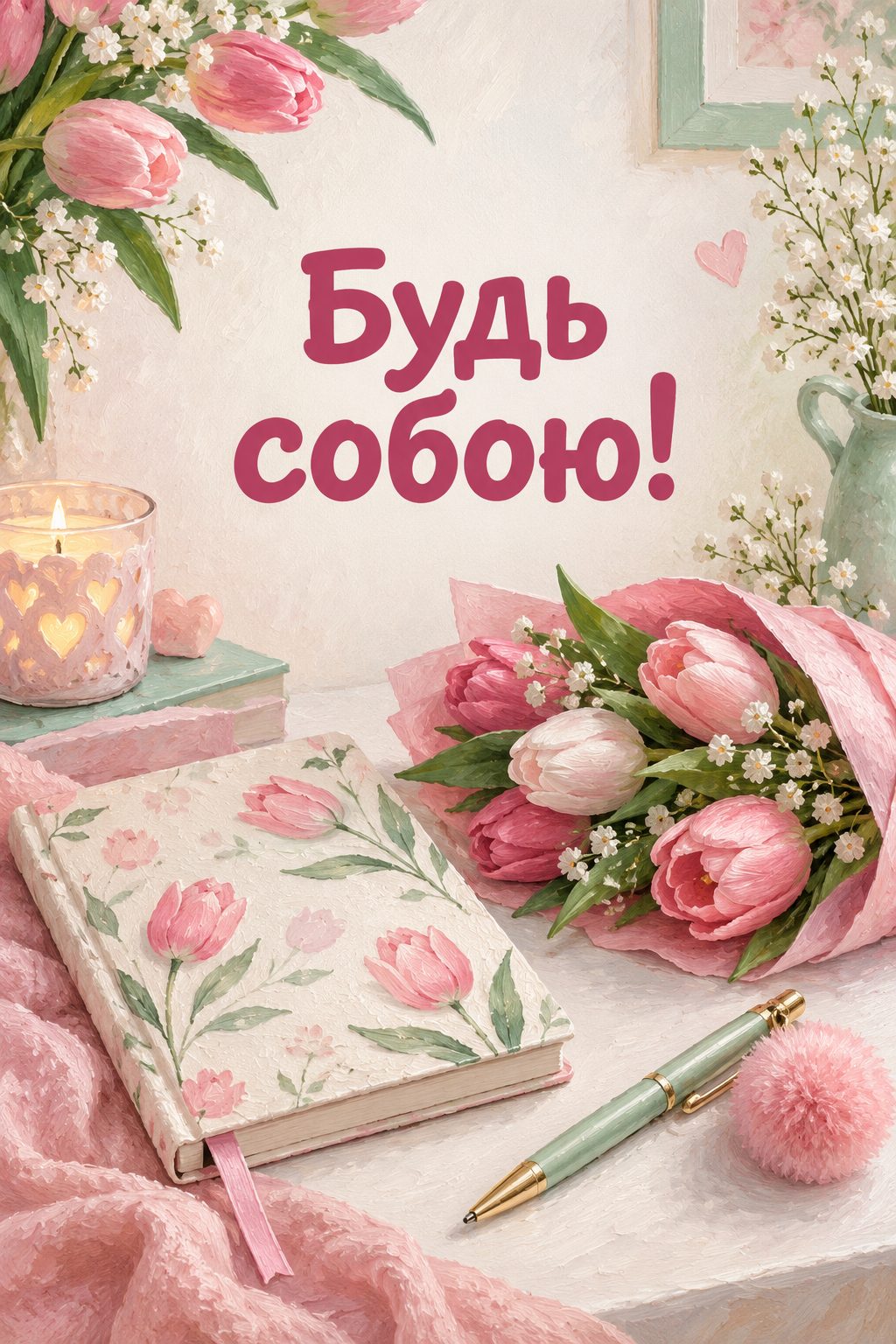 Листівка з днем народження дівчинці: щоденник, ручка з помпоном і тюльпани, напис «Будь собою!»