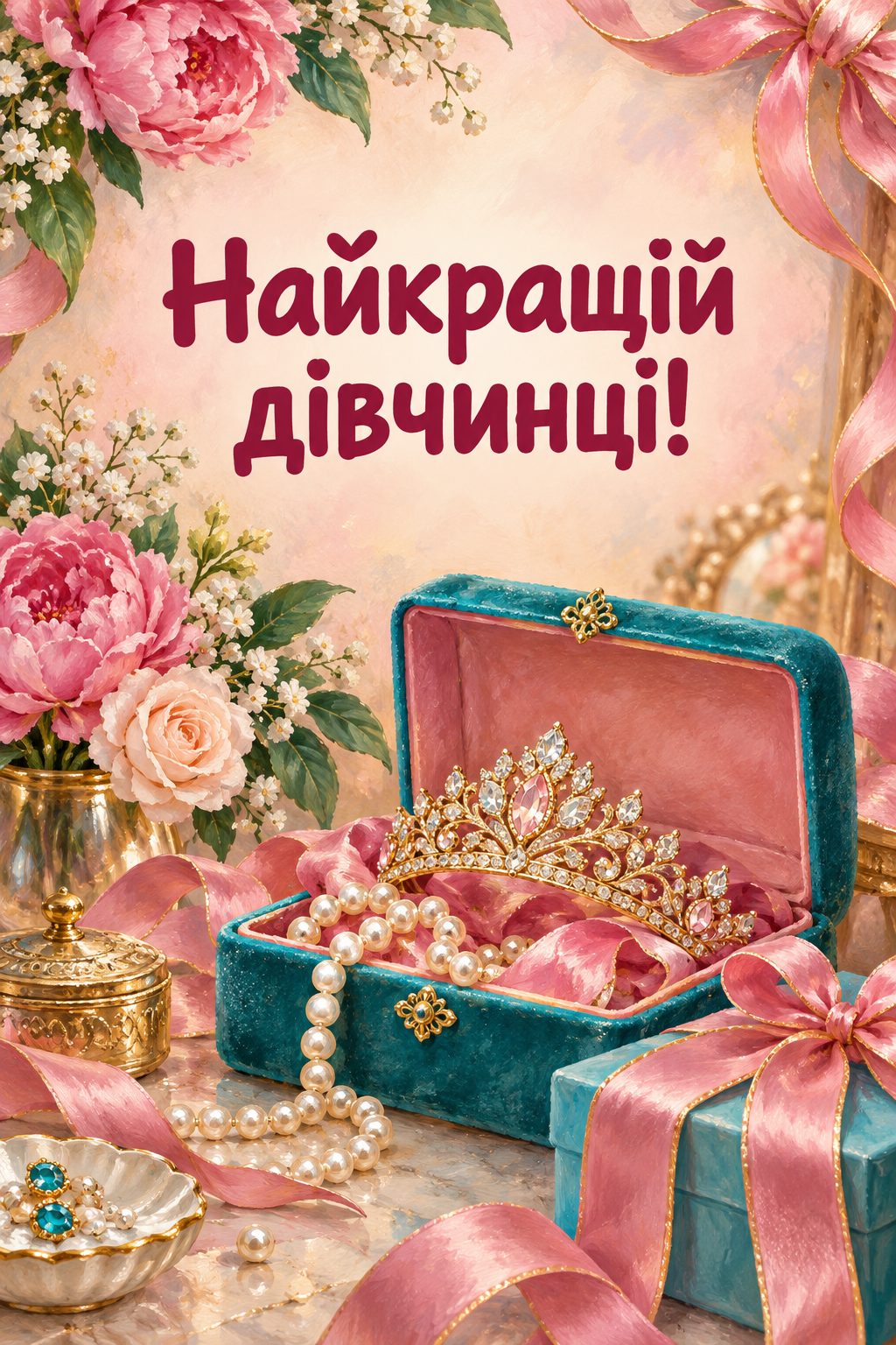 Листівка з днем народження дівчинці: скринька з намистом, діадемою й стрічками, напис «Найкращій дівчинці!»