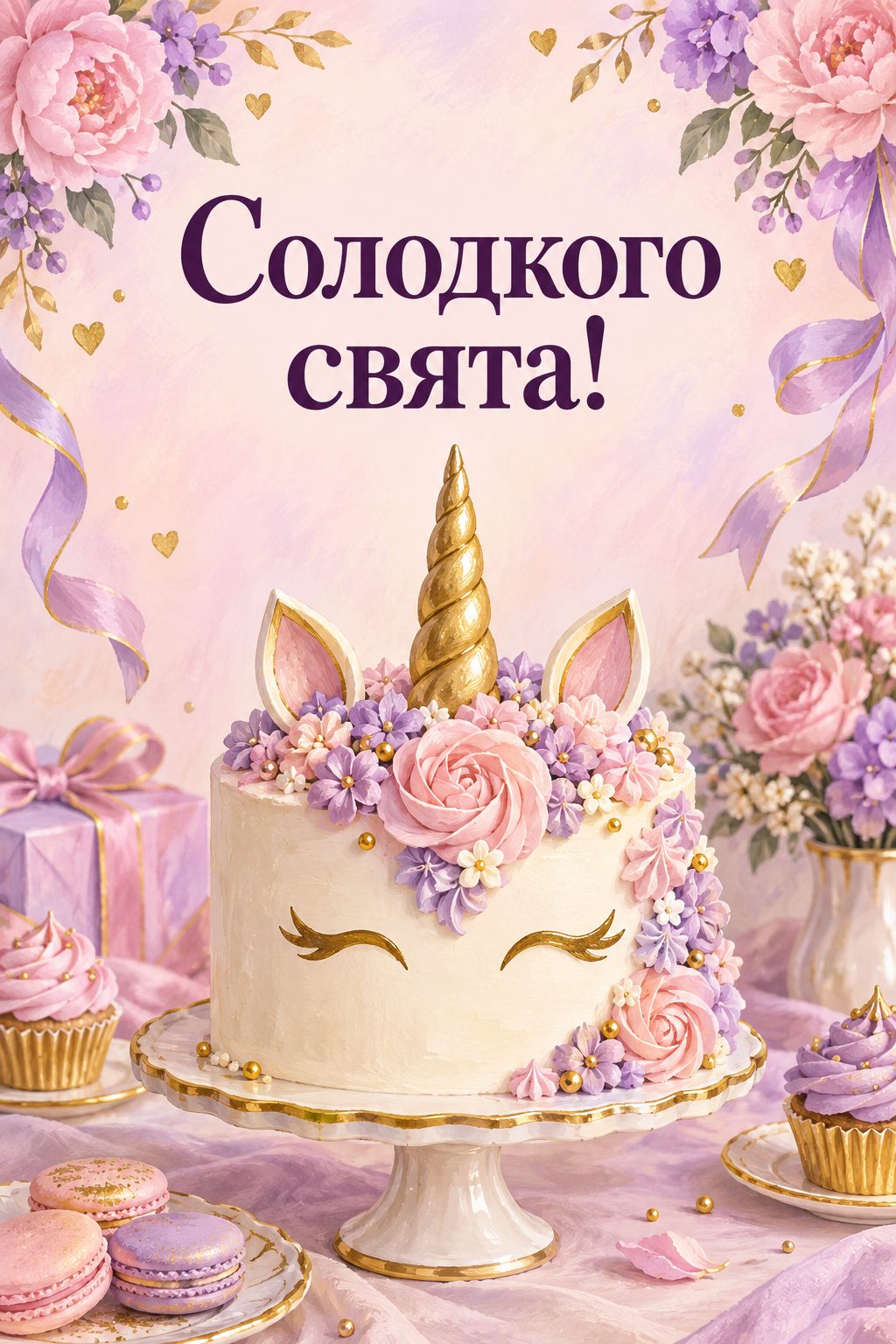 Листівка з днем народження дівчинці: торт-єдиноріг із золотим рогом, напис «Солодкого свята!»