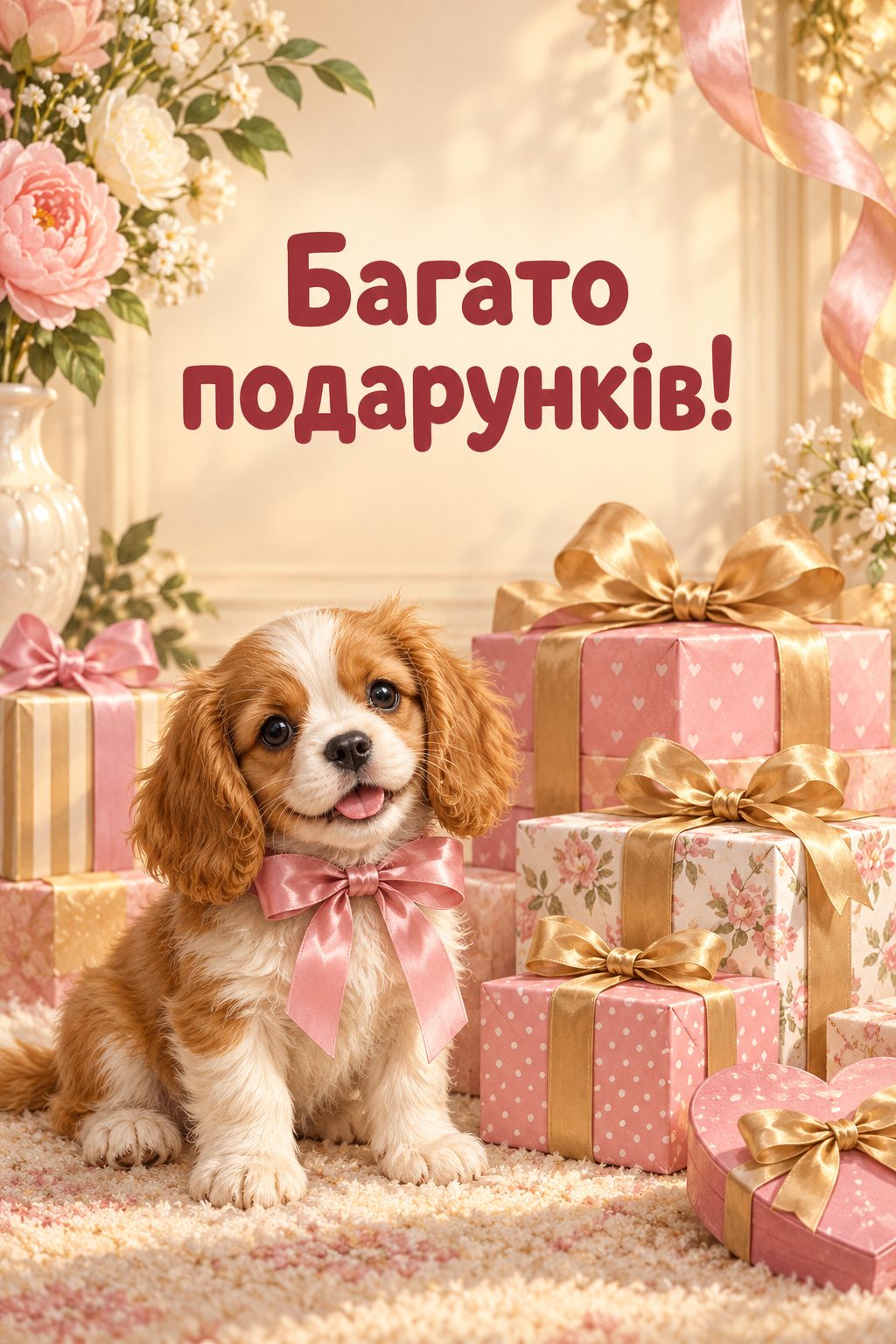 Листівка з днем народження дівчинці: цуценя з бантом біля гори подарунків, напис «Багато подарунків!»