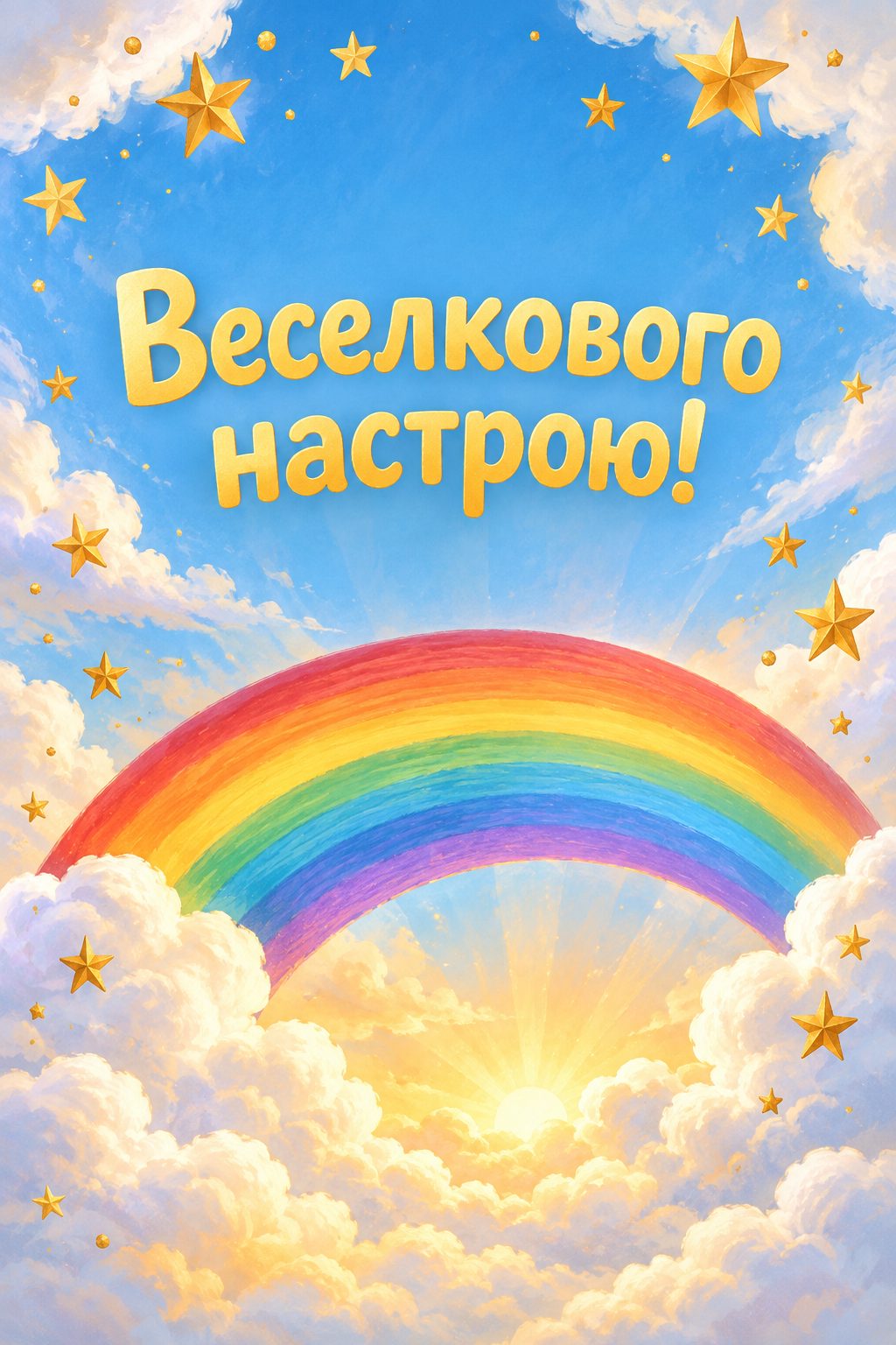 Листівка з днем народження дівчинці: веселка між хмаринками й золоті зірки, напис «Веселкового настрою!»