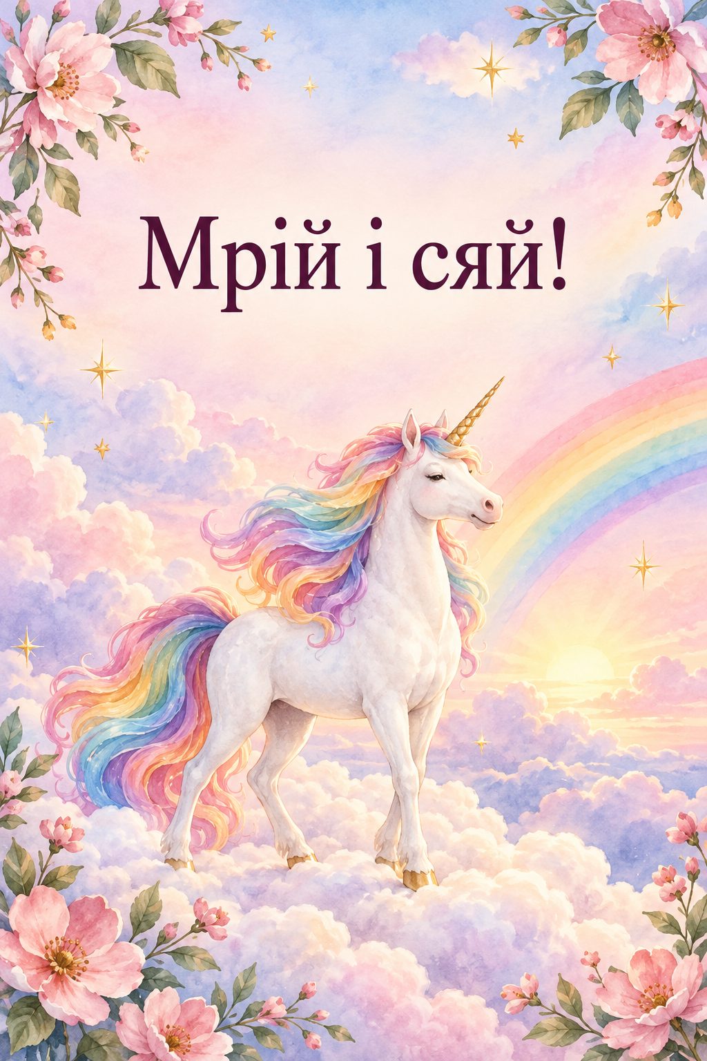 Листівка з днем народження дівчинці: білий єдиноріг із веселковою гривою на хмаринці, напис «Мрій і сяй!»