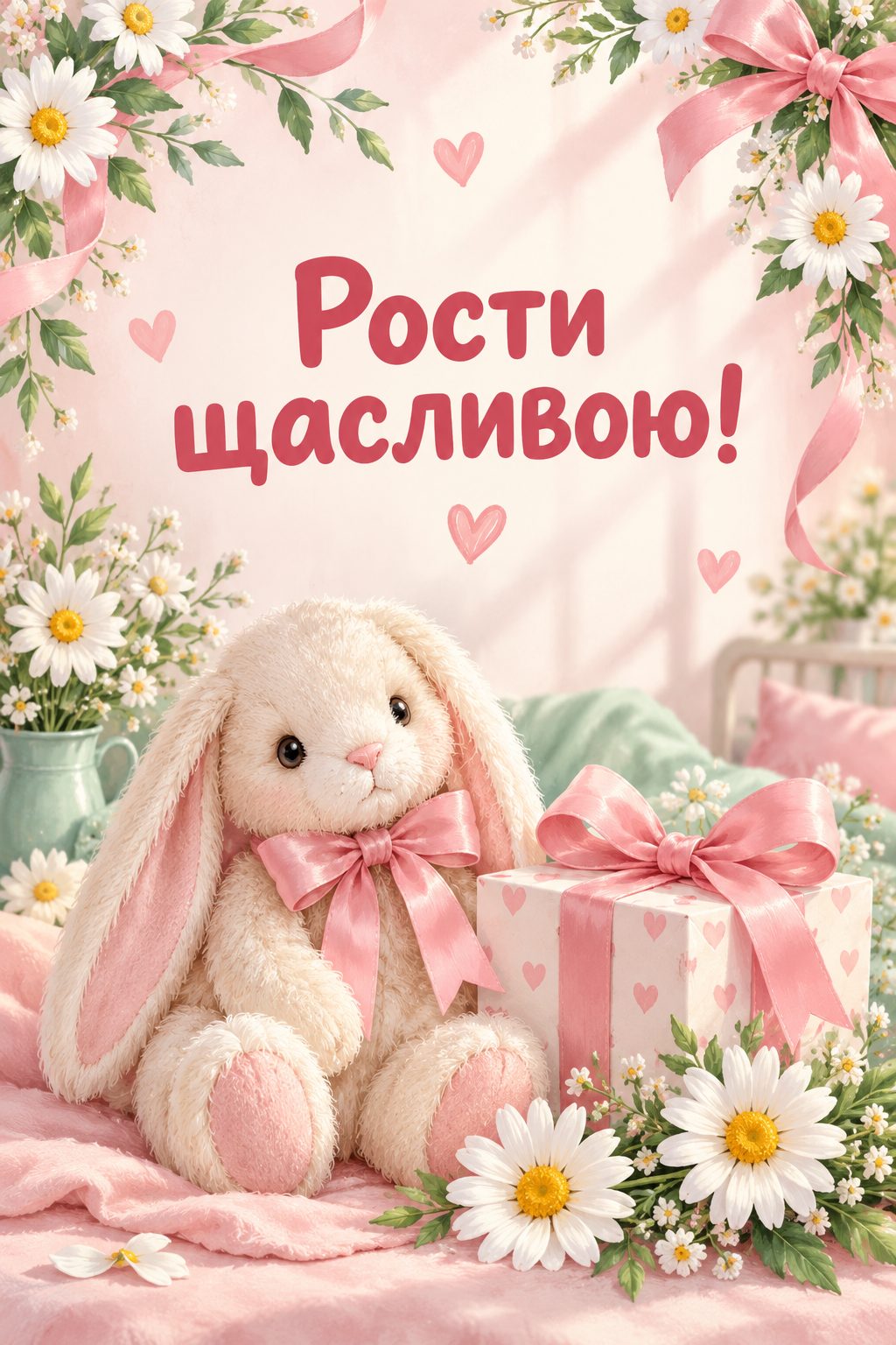 Листівка з днем народження дівчинці: іграшковий зайчик біля подарунка з бантом, напис «Рости щасливою!»