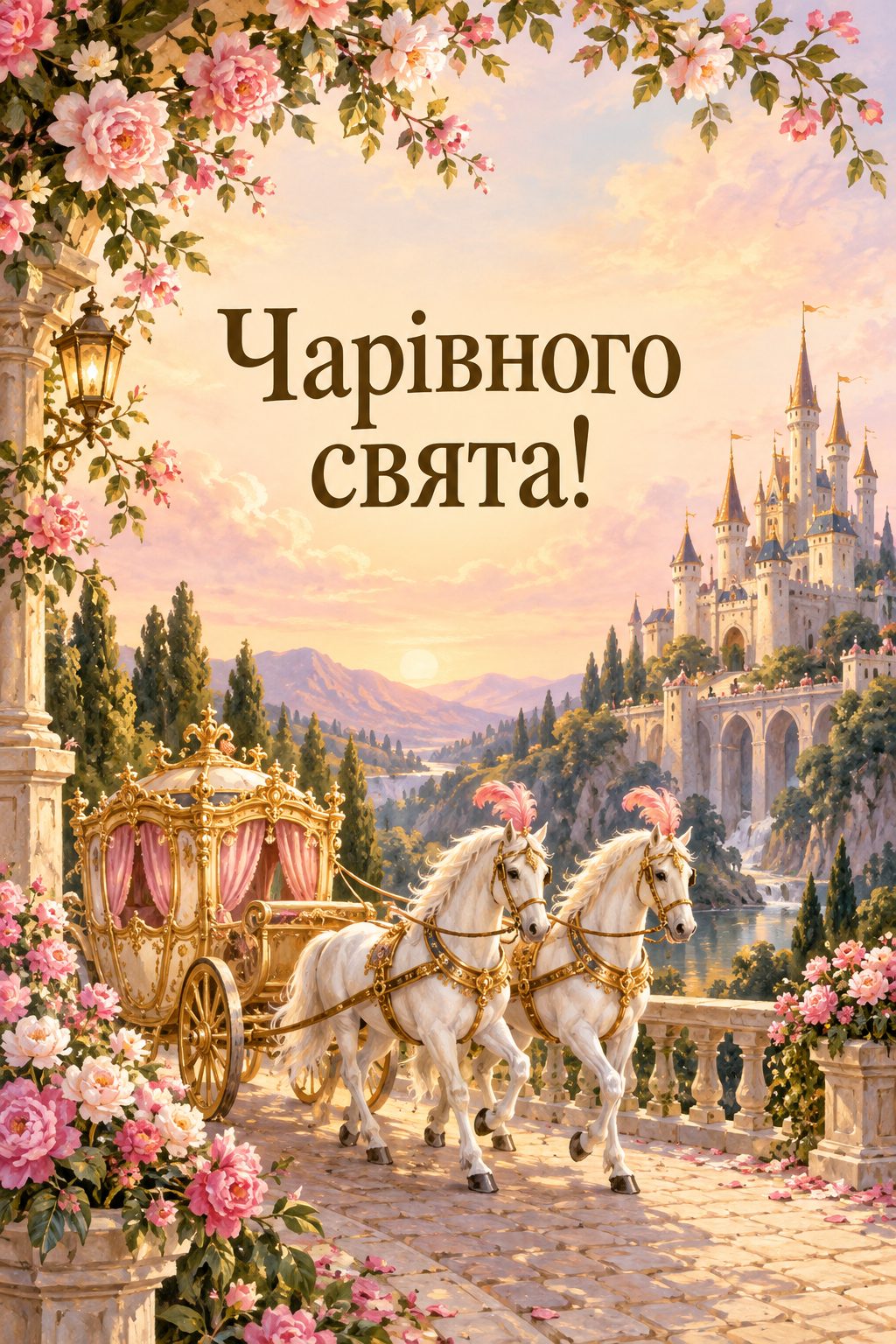 Листівка з днем народження дівчинці: золота карета з білими кіньми, напис «Чарівного свята!»