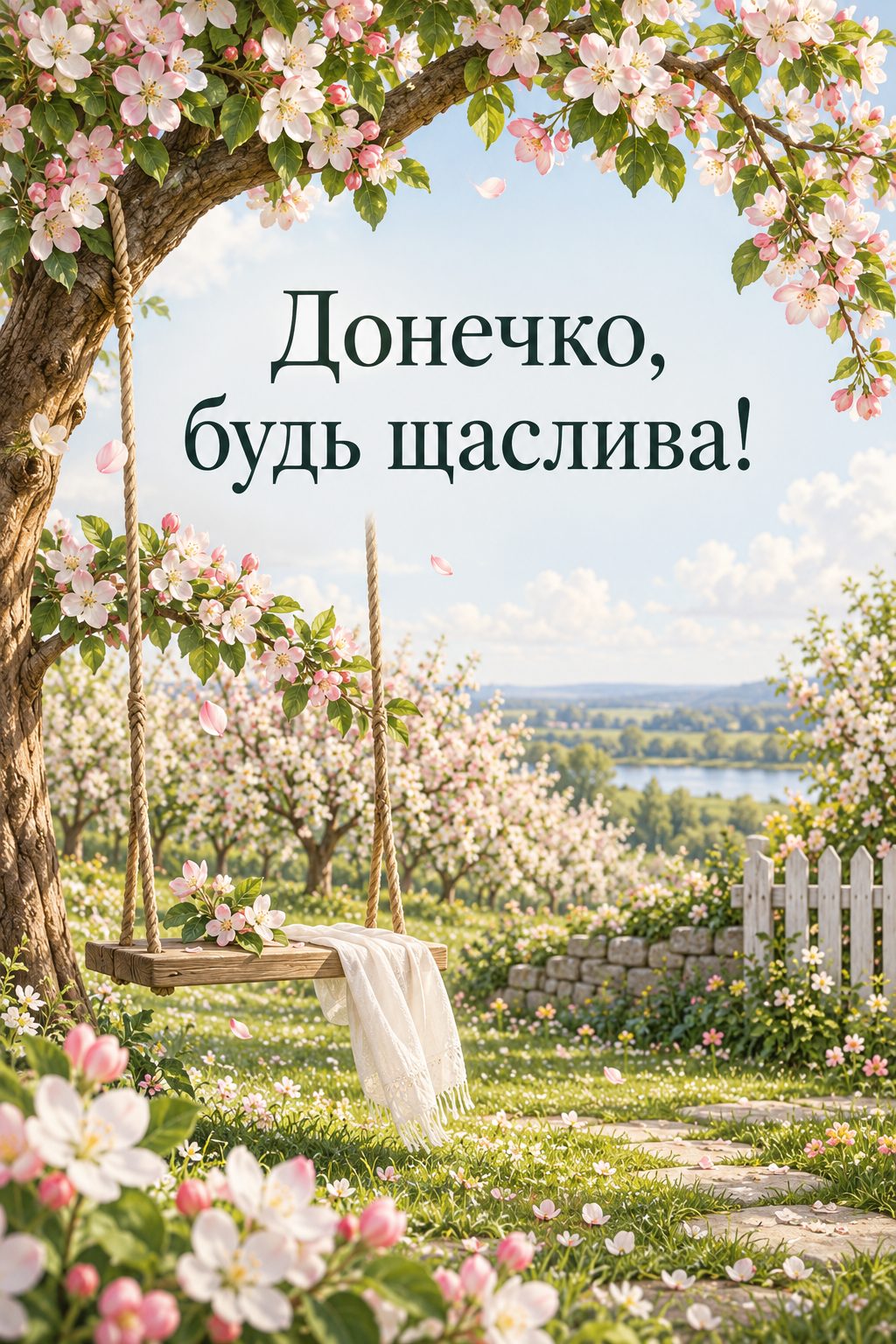 Листівка з днем народження доньці: квітучий яблуневий сад і гойдалка на дереві, напис «Донечко, будь щаслива!»