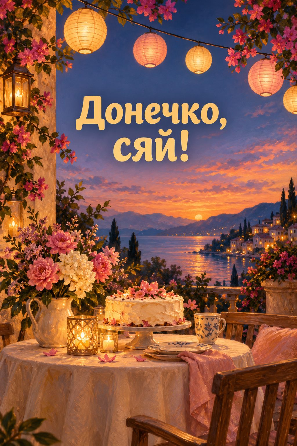 Листівка з днем народження доньці: паперові ліхтарики над столом із тортом і квітами, напис «Донечко, сяй!»