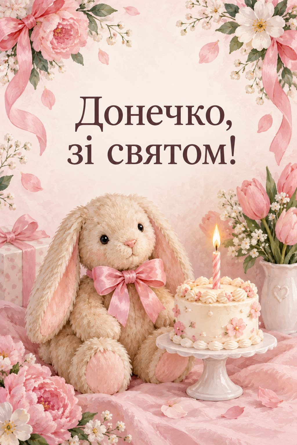 Листівка з днем народження доньці: плюшевий зайчик із бантом і тортик зі свічкою, напис «Донечко, зі святом!»