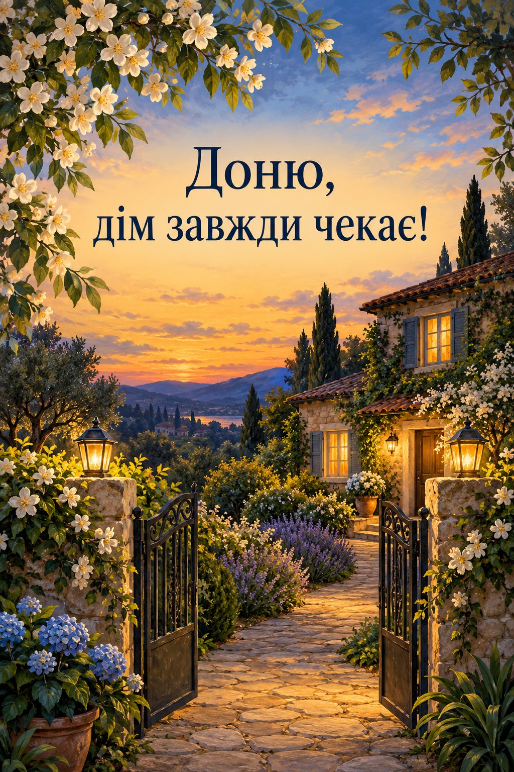 Листівка з днем народження доньці: будинок з освітленими вікнами й відчинена хвіртка в саду, напис «Доню, дім завжди чекає!»