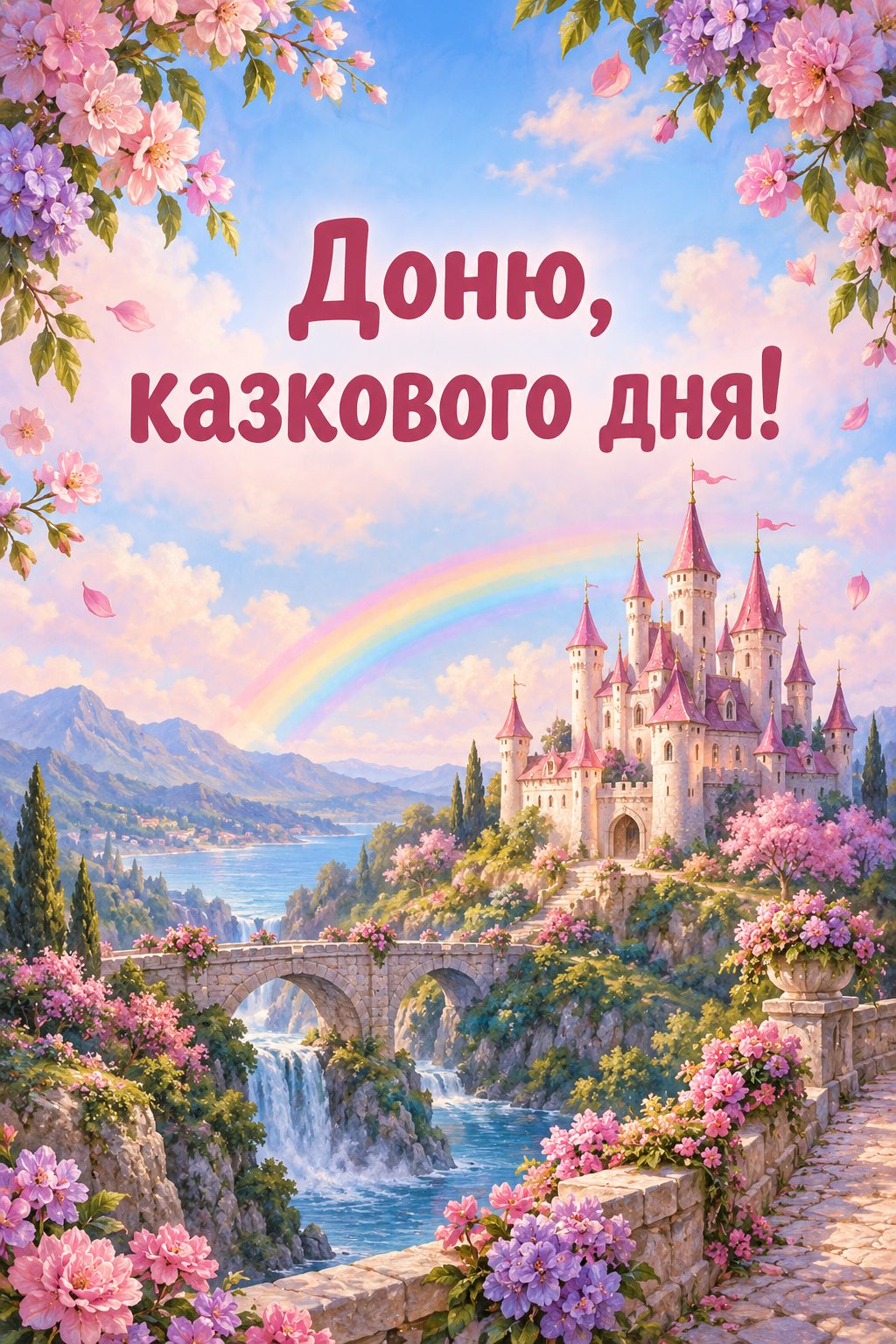 Листівка з днем народження доньці: казковий замок із рожевими вежами й веселка, напис «Доню, казкового дня!»